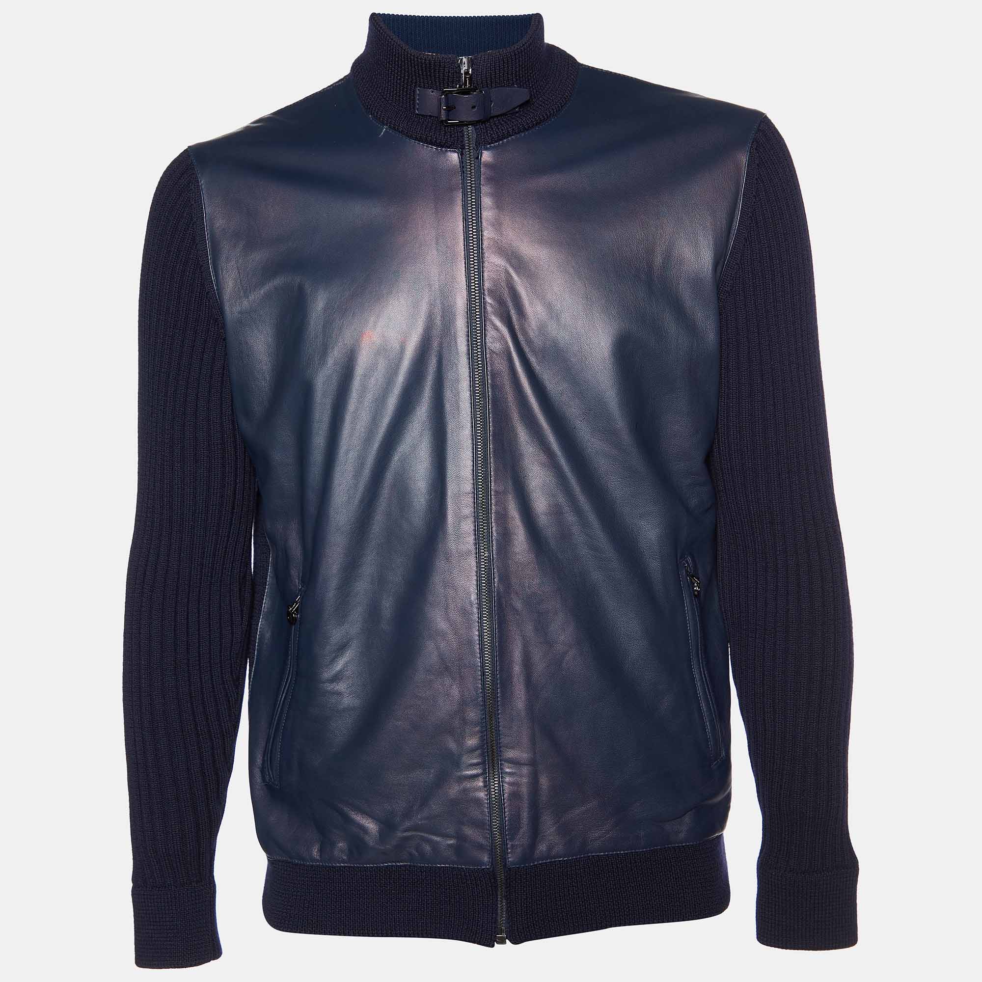 Pre-owned Ferragamo Navy Blue Leather & Wool Knit Zip Front Jacket M