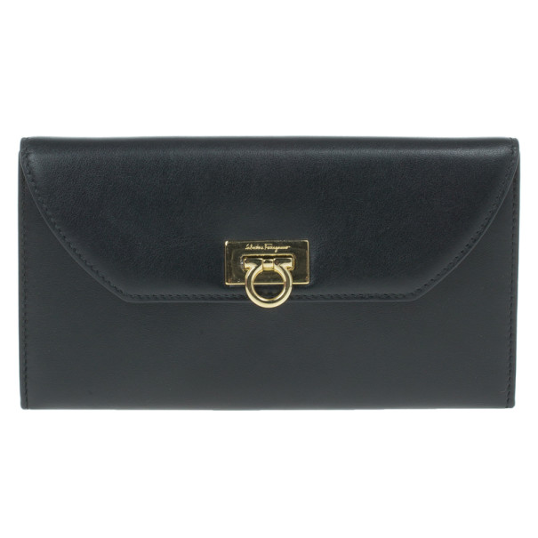 Pre Owned Salvatore Ferragamo Black Leather Continental Wallet