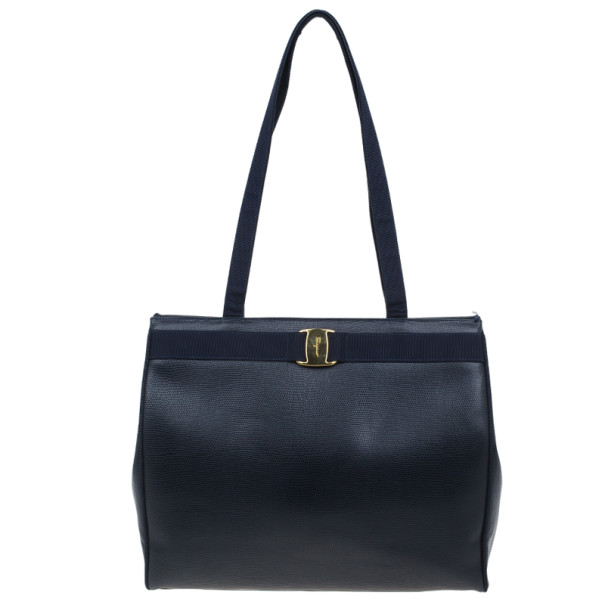 Pre Owned حقيبة كتف سالفاتوري فيراكامو فارا جلد سحلية منقوش مع محفظة بطية مزدوجة سوداء