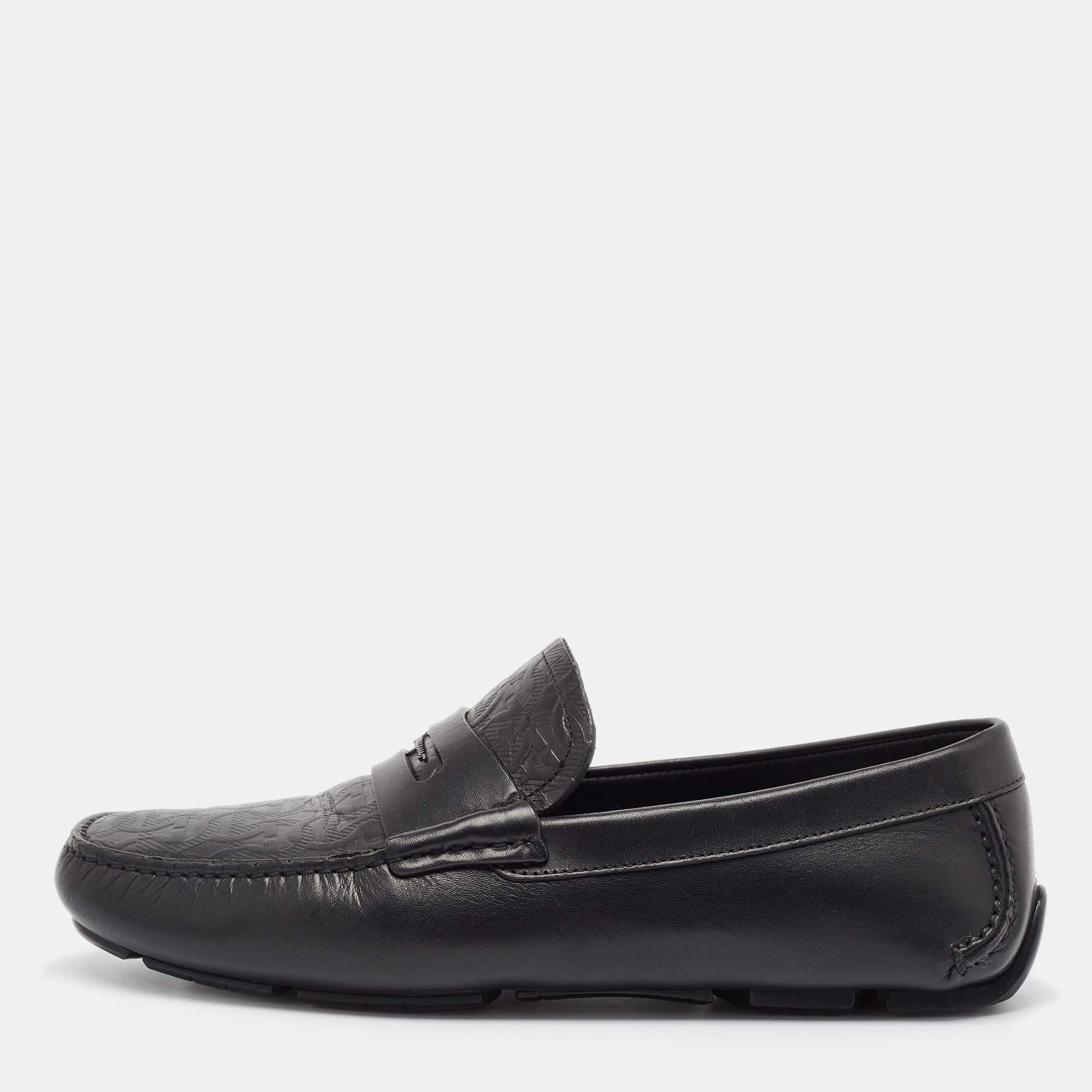 Pre-owned Ferragamo Black Leather Slip On Loafers Size 42.5