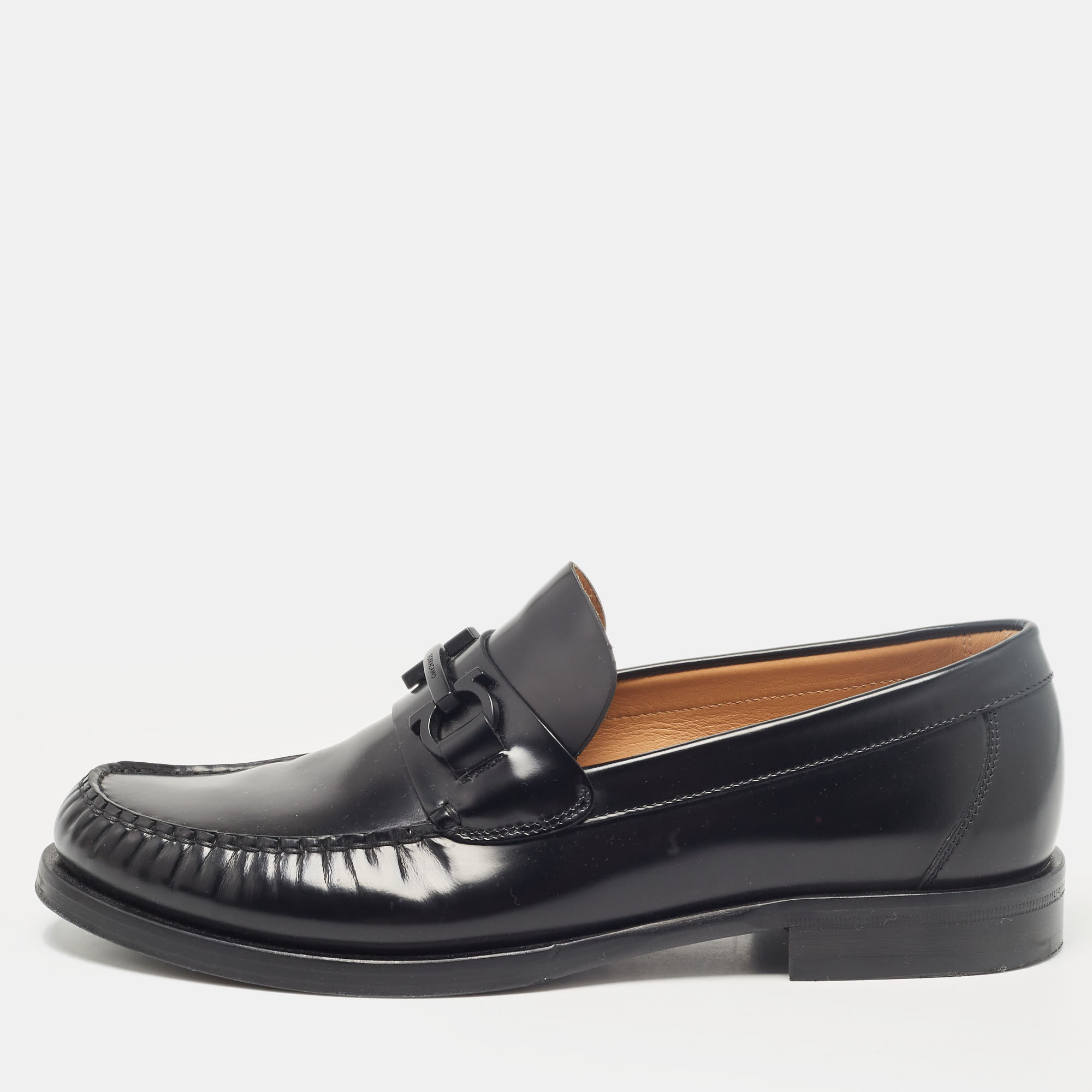 Pre-owned Ferragamo Black Leather Fort Gancini Loafers Size 43.5