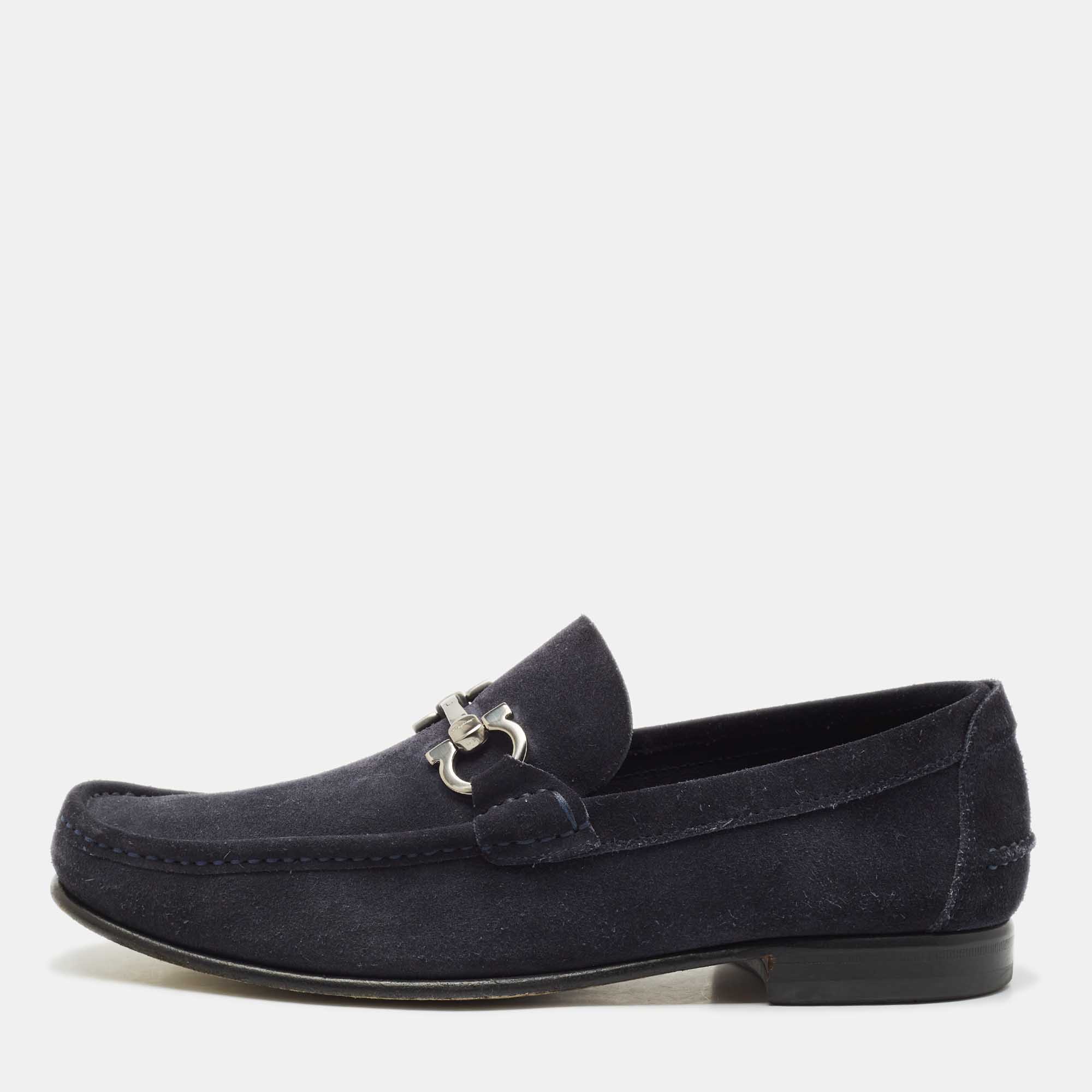 

Salvatore Ferragamo Navy Blue Suede Double Gancio Loafers Size 42