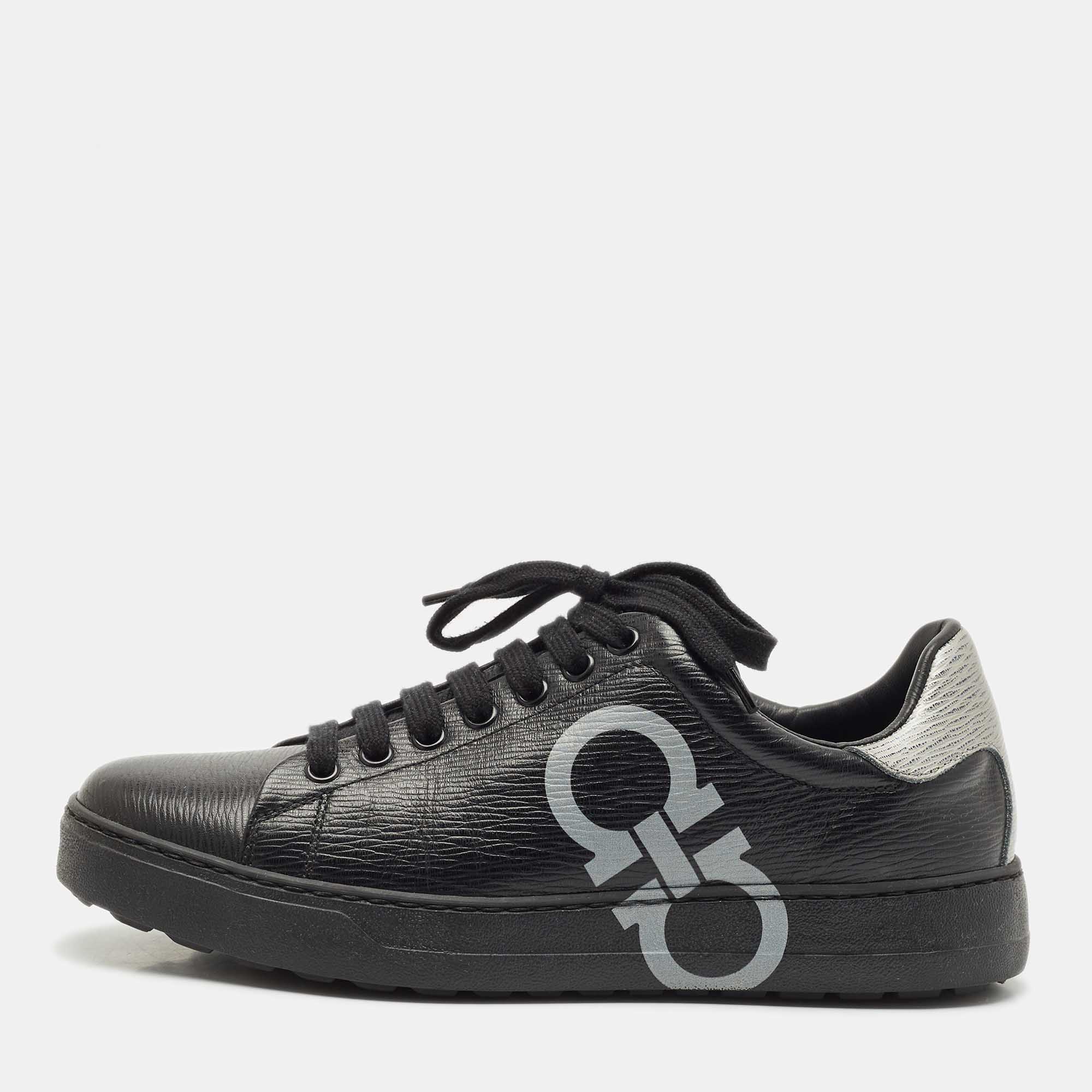 

Salvatore Ferragamo Black/Silver Leather Gancini Lace Up Sneakers Size 40