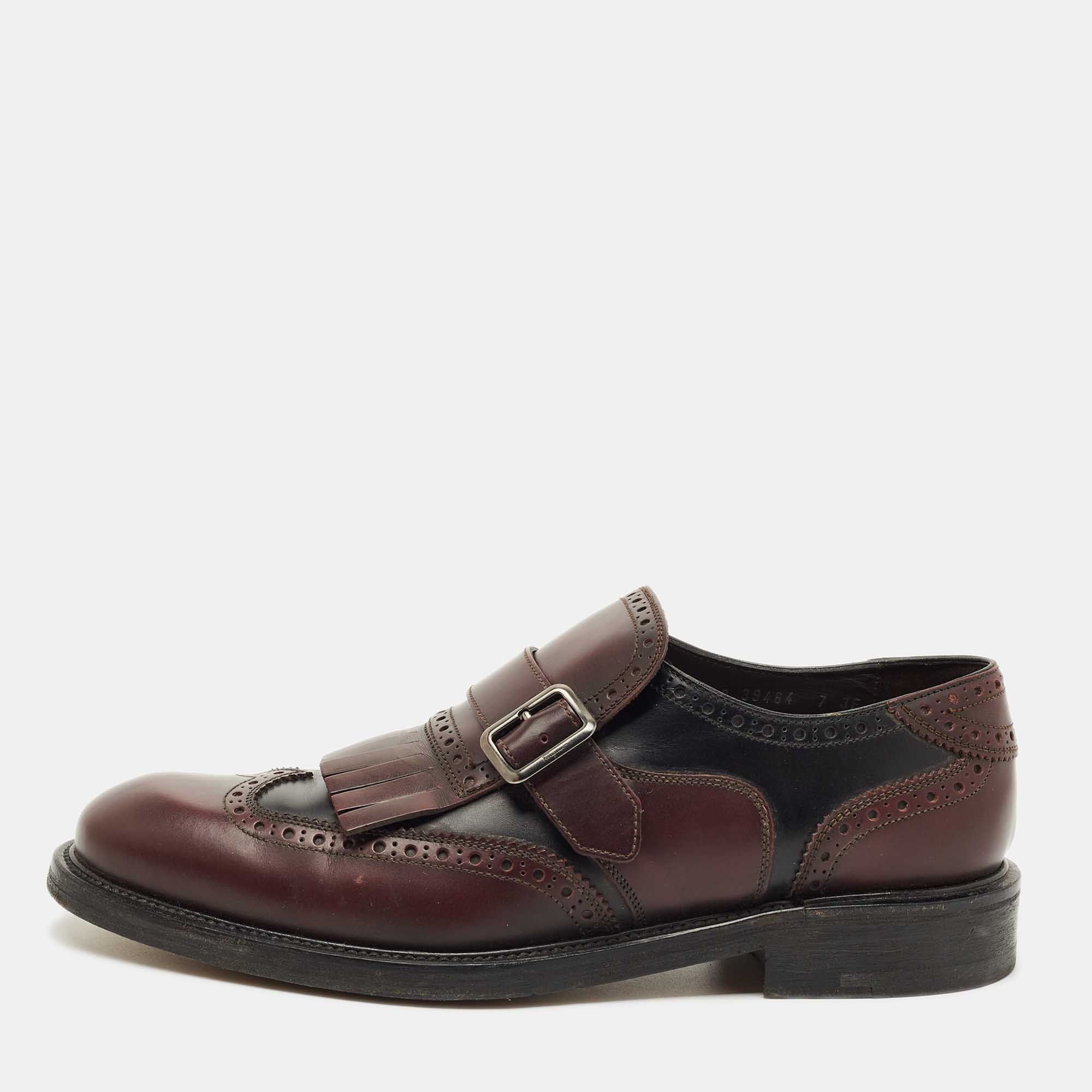 Pre-owned Ferragamo Two Tone Brogue Leather Genesis Fringe Detail Wingtip Loafers Size41 In Burgundy