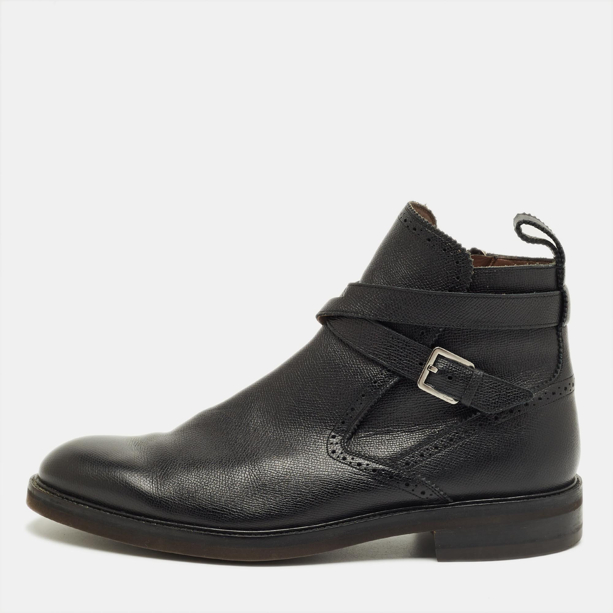 Pre-owned Ferragamo Black Leather Buckle Knee Length Boots Size 44.5