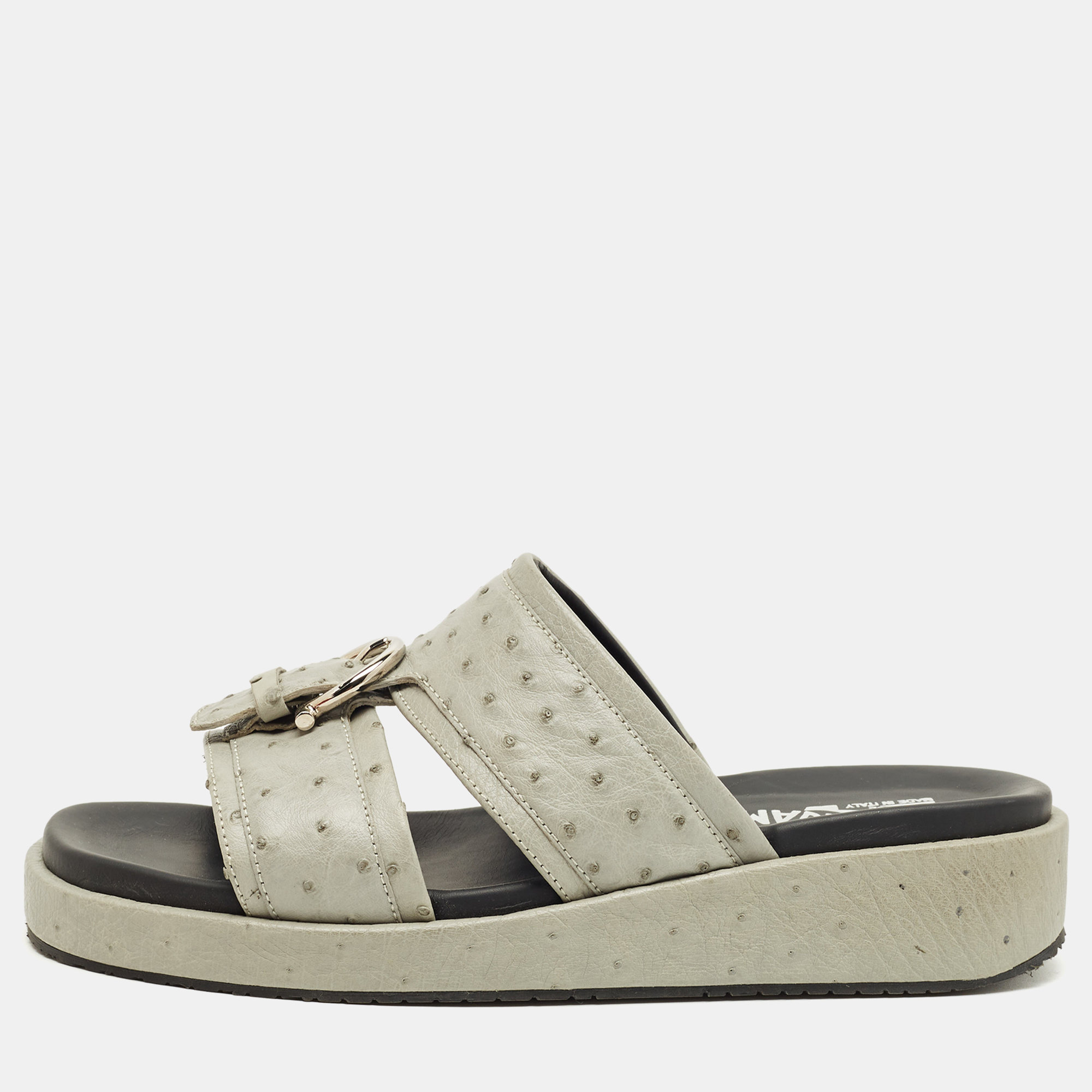 FERRAGAMO Pre-owned Grey Ostrich Lutfi Platform Slide Sandals Size 40.5 In Gray
