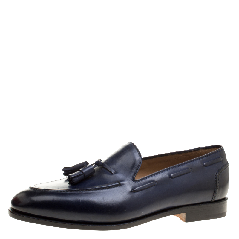 Salvatore Ferragamo Navy Blue Leather Loreno Tassel Loafers Size 44.5