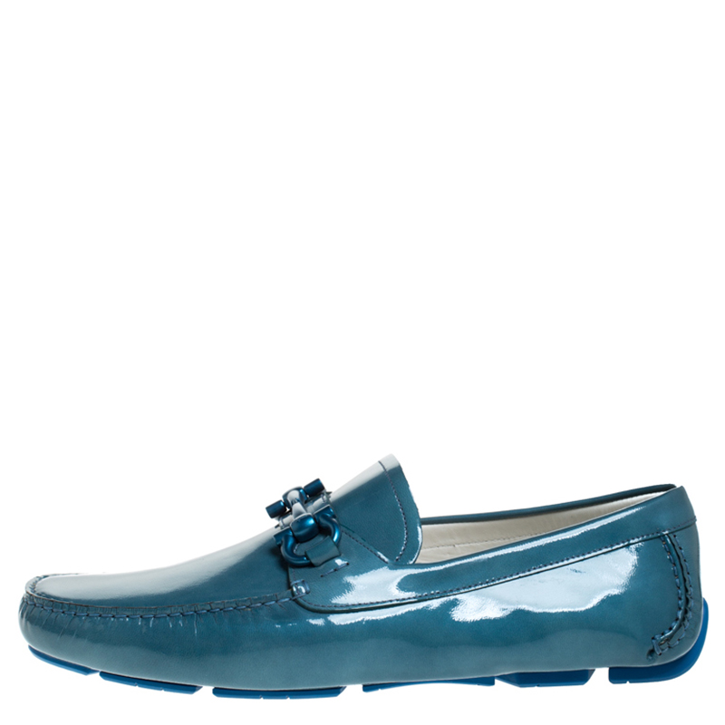 

Salvatore Ferragamo Teal Patent Leather Gancio Driver Loafers Size, Blue
