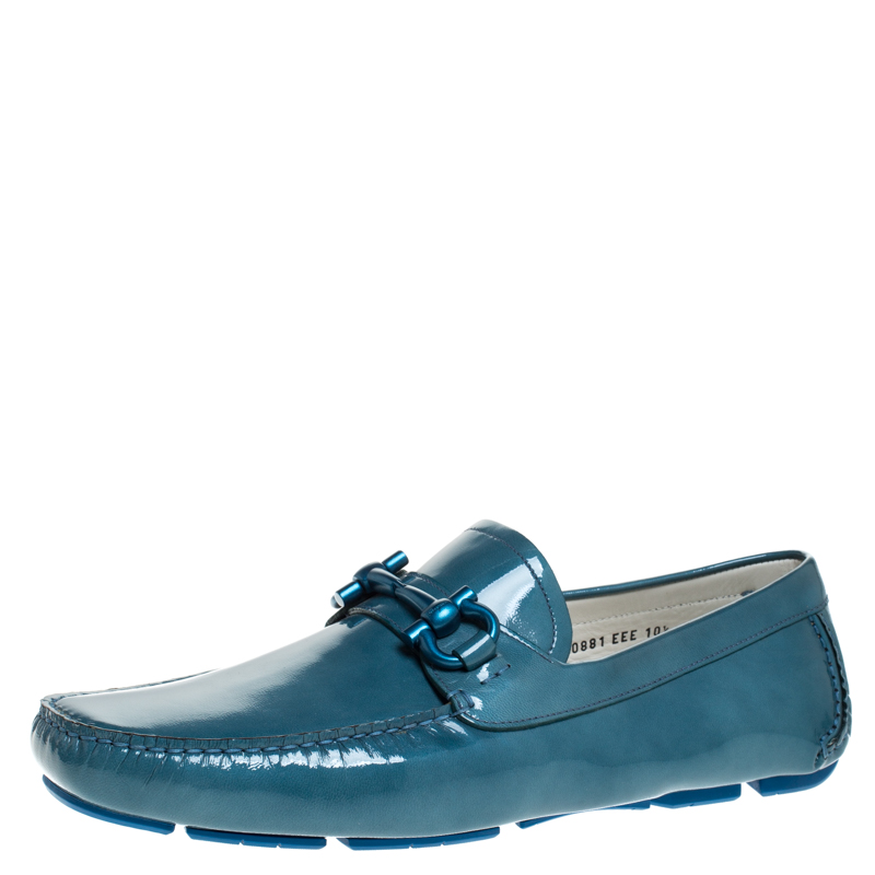 Pre-owned Ferragamo Teal Patent Leather Gancio Driver Loafers Size 44.5 In Blue