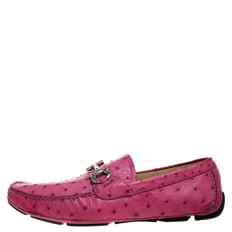 

Salvatore Ferragamo Pink Ostrich Leather Horsebit Slip On Loafers Size