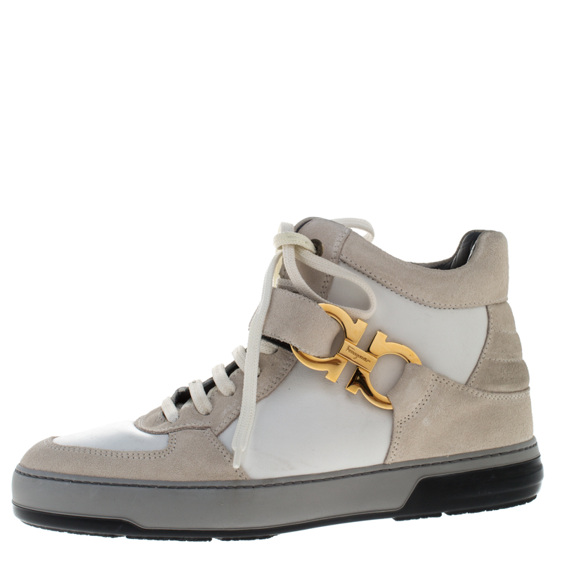 

Salvatore Ferragamo White/Light Grey Leather Nayon High Top Sneakers Size