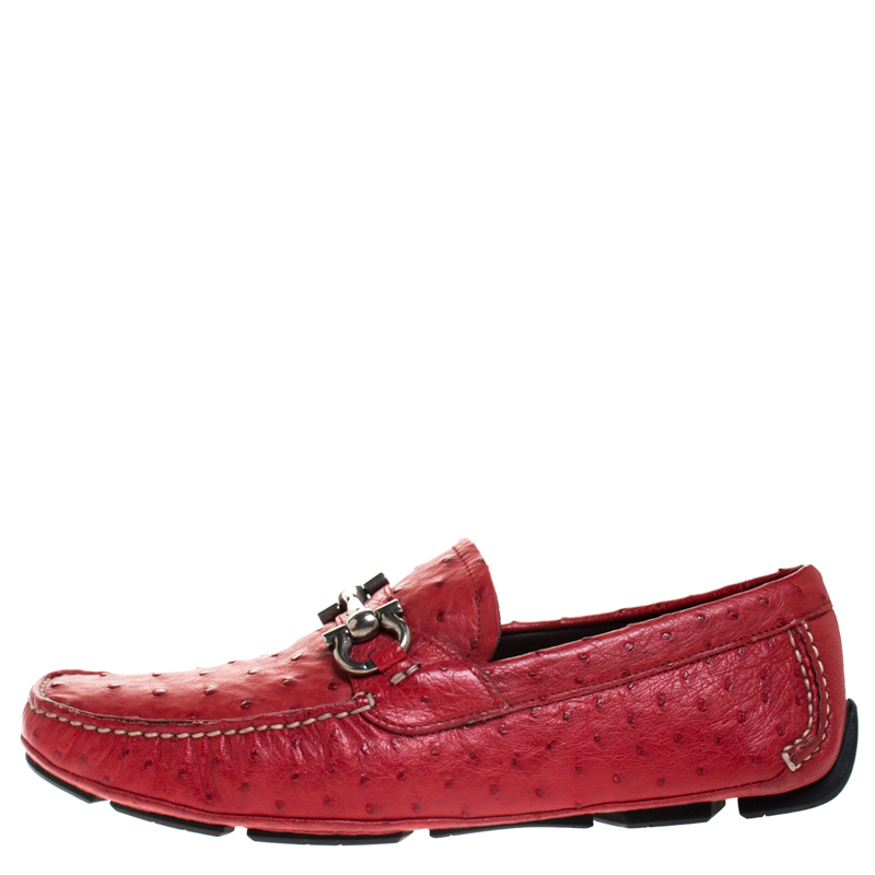 

Salvatore Ferragamo Red Ostrich Effect Leather Parigi Driving Loafers Size