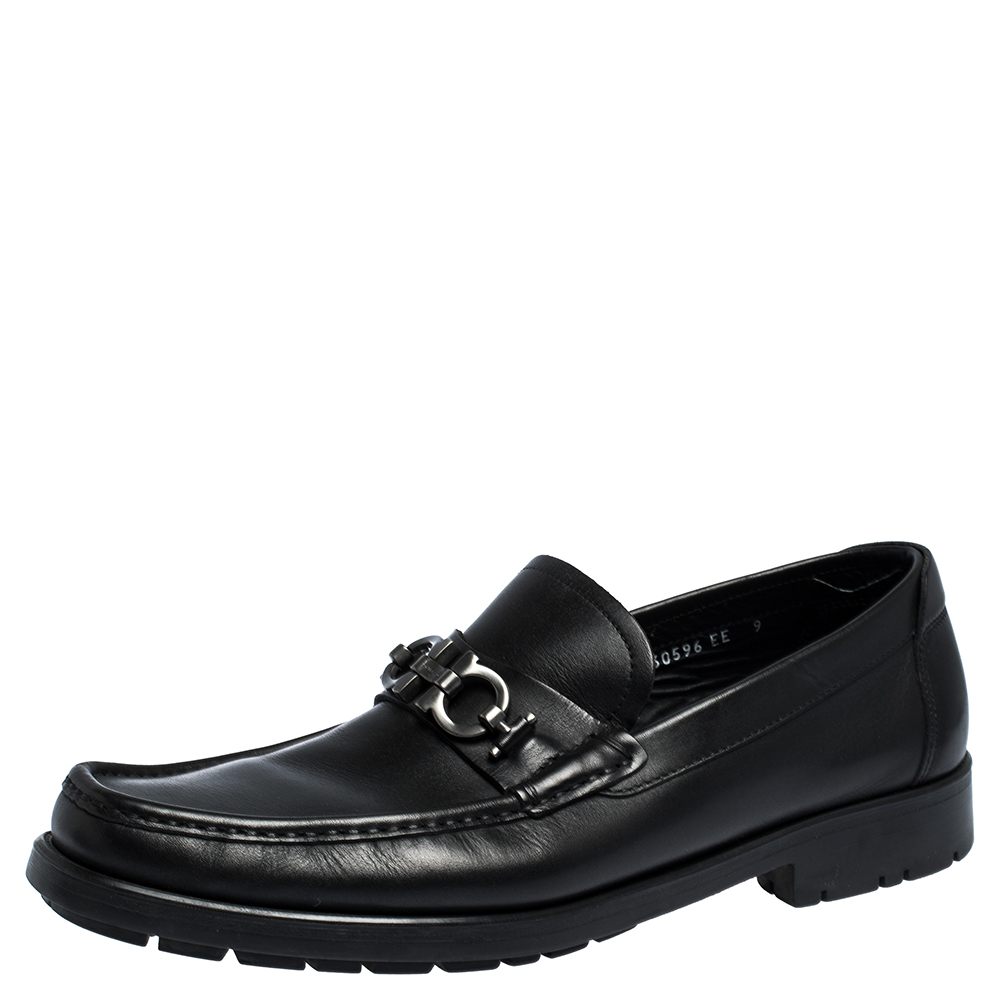 Salvatore Ferragamo Black Leather Gancini Bit Loafers Size 43