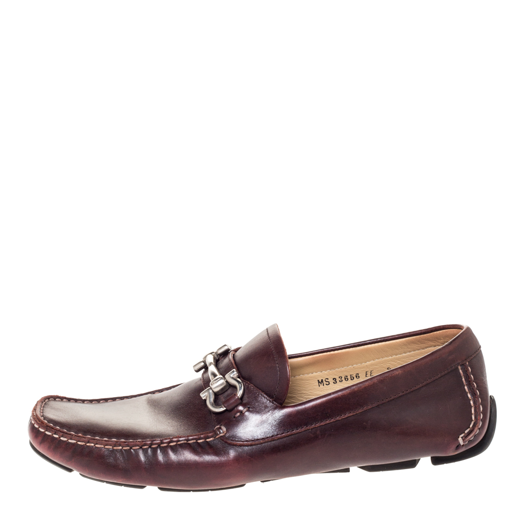 

Salvatore Ferragamo Burgundy Leather Horsebit Slip On Loafers Size