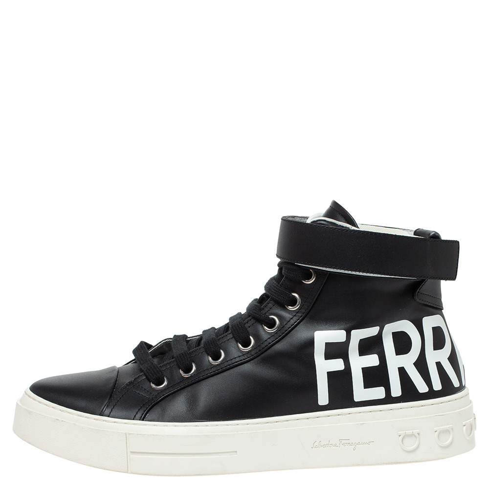 

Salvatore Ferragamo Black Leather Logo Print High Top Sneakers Size