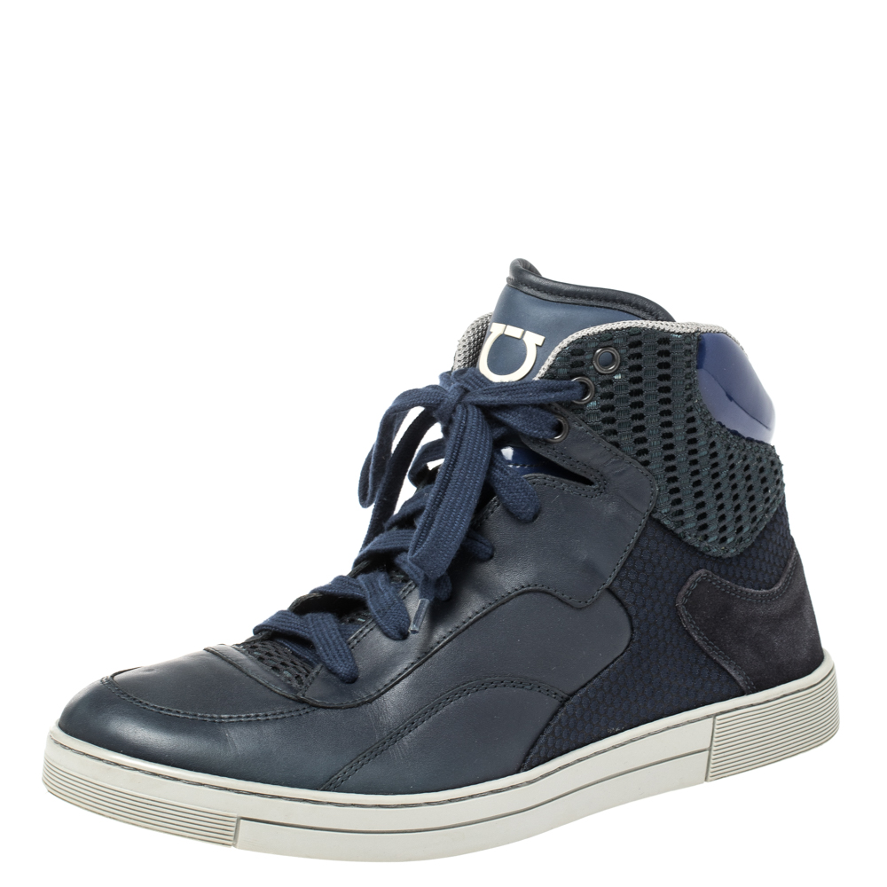 

Salvatore Ferragamo Blue Leather and Mesh High Top Sneakers Size