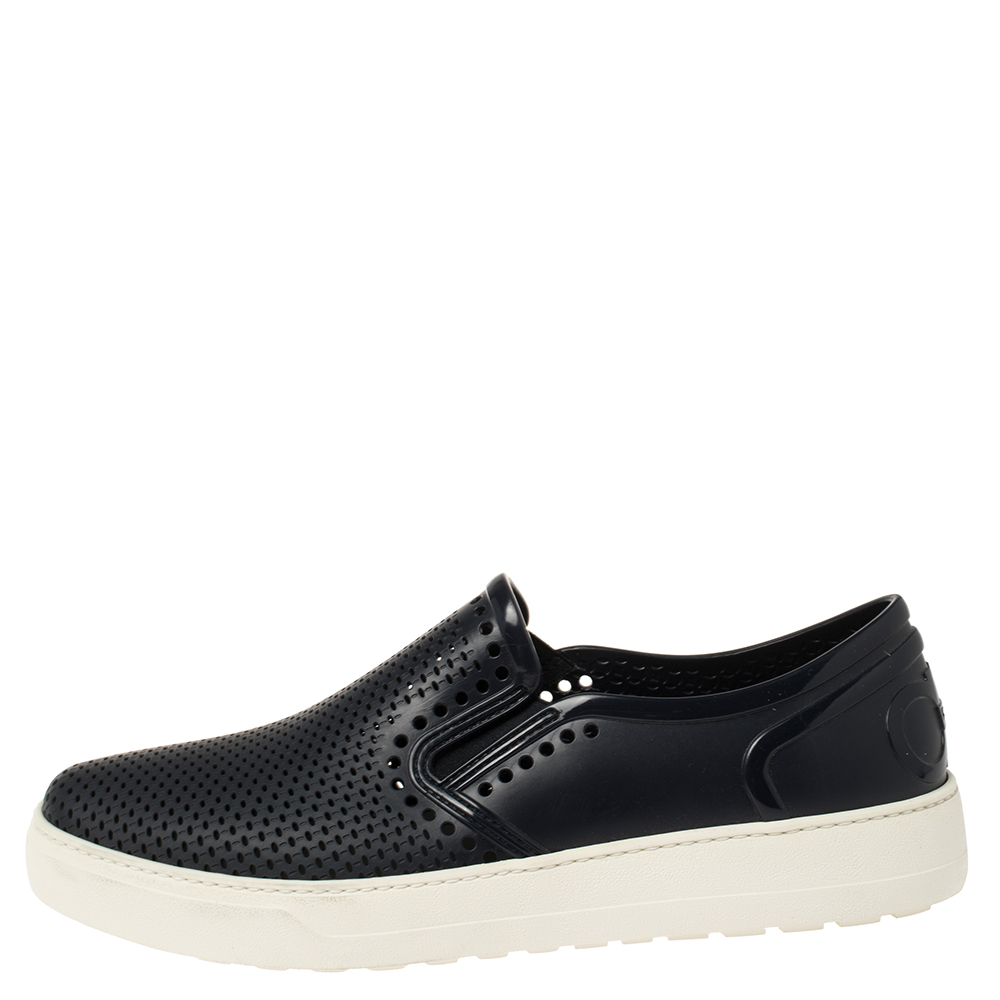 

Salvatore Ferragamo Navy Blue Perforated Rubber Slip On Sneakers Size