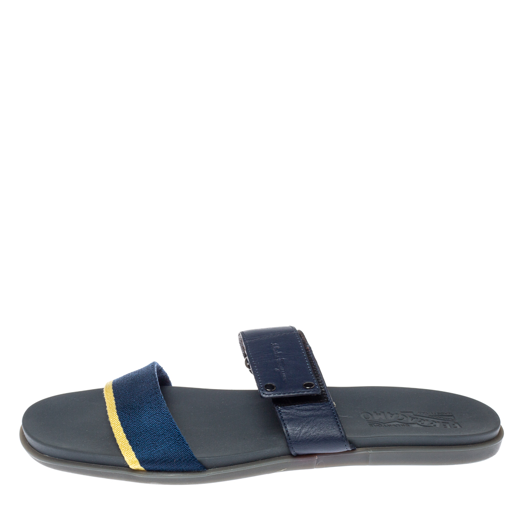 

Salvatore Ferragamo Blue Leather And Canvas Slide Flats Size, Grey