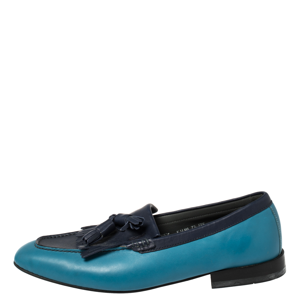 

Salvatore Ferragamo Blue Leather Fringe Slip On Loafers Size