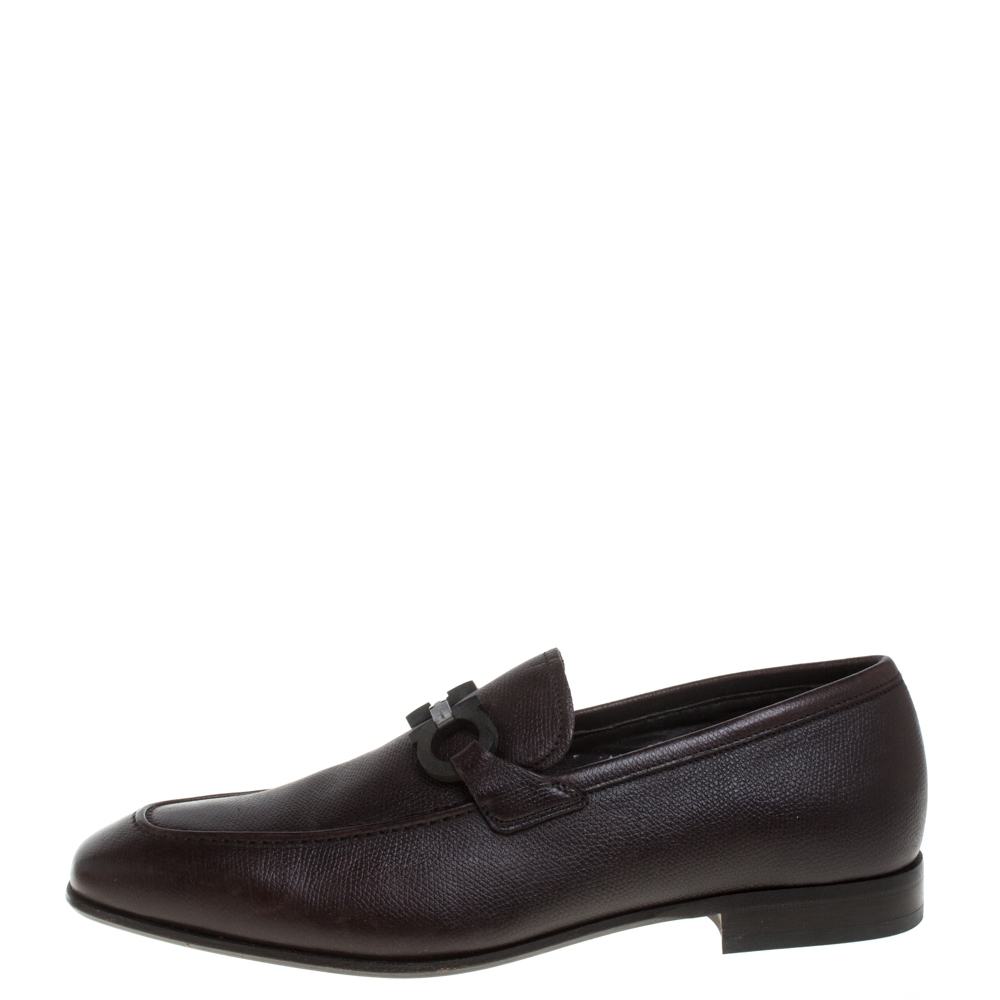 

Salvatore Ferragamo Dark Brown Leather Double Gancio Loafers Size