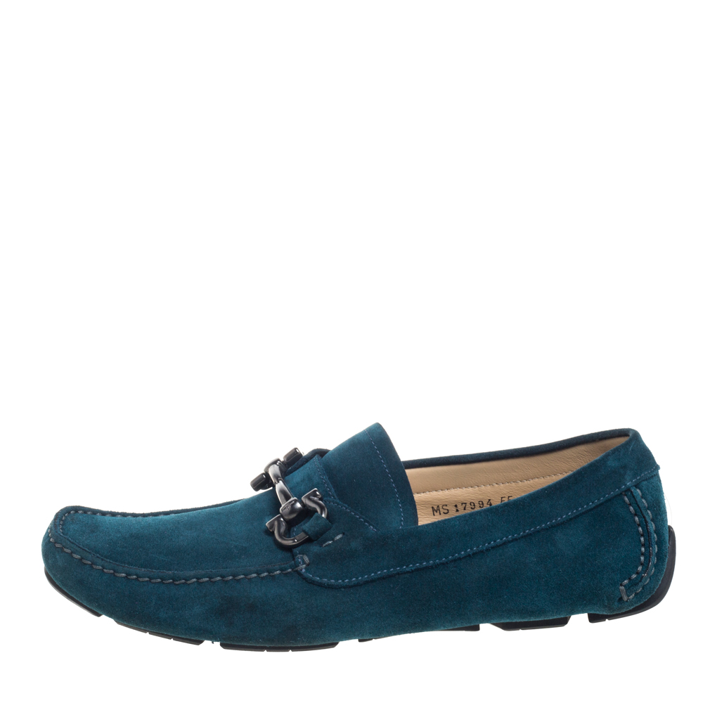 

Salvatore Ferragamo Teal Blue Suede Gancio Bit Loafers Size