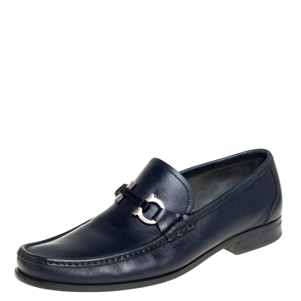 Pre-owned Ferragamo Blue Leather Parigi Gancini Loafers Size 42.5