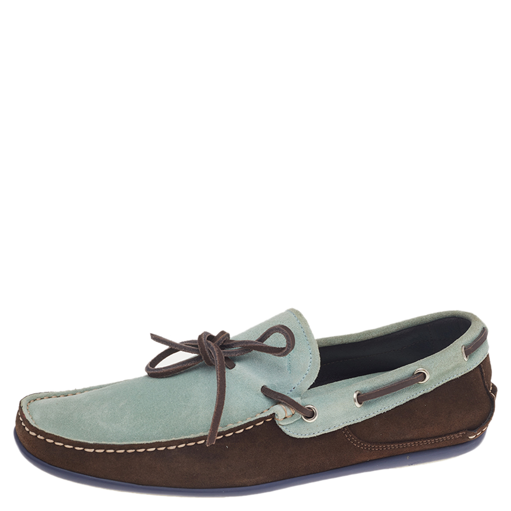 

Salvatore Ferragamo Mint Green/Brown Suede And Leather Slip On Loafers Size