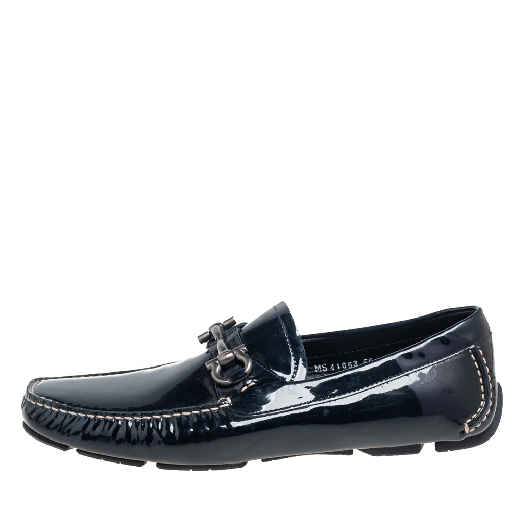 

Salvatore Ferragamo Black Patent Leather Parigi Gancini Driver Loafers Size