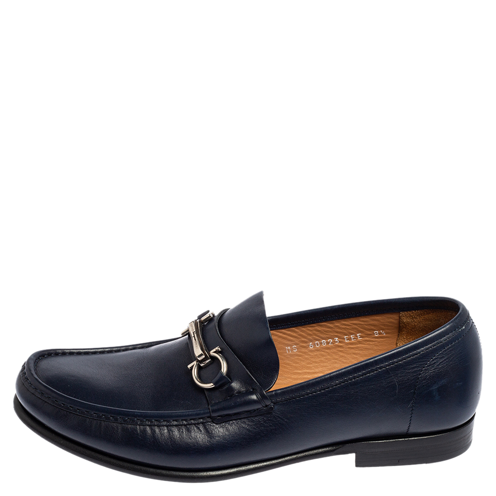 

Salvatore Ferragamo Navy Blue Leather Gancini Bit Loafers Size