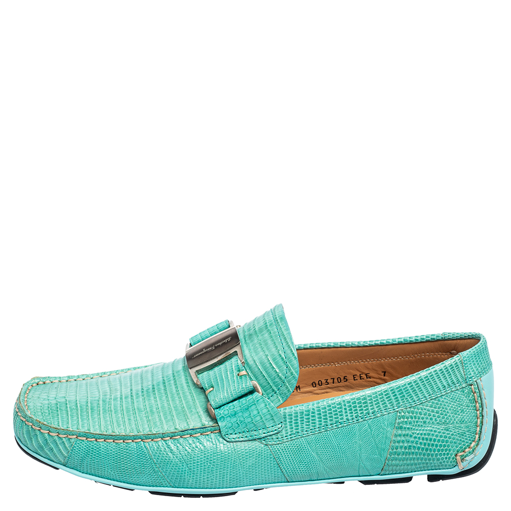 

Salvatore Ferragamo Aqua Blue Lizard Leather Sardegna Loafers Size