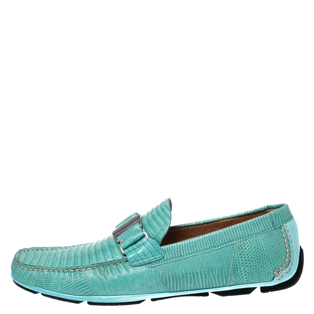 

Salvatore Ferragamo Aqua Green Lizard Leather Sardegna Loafers Size