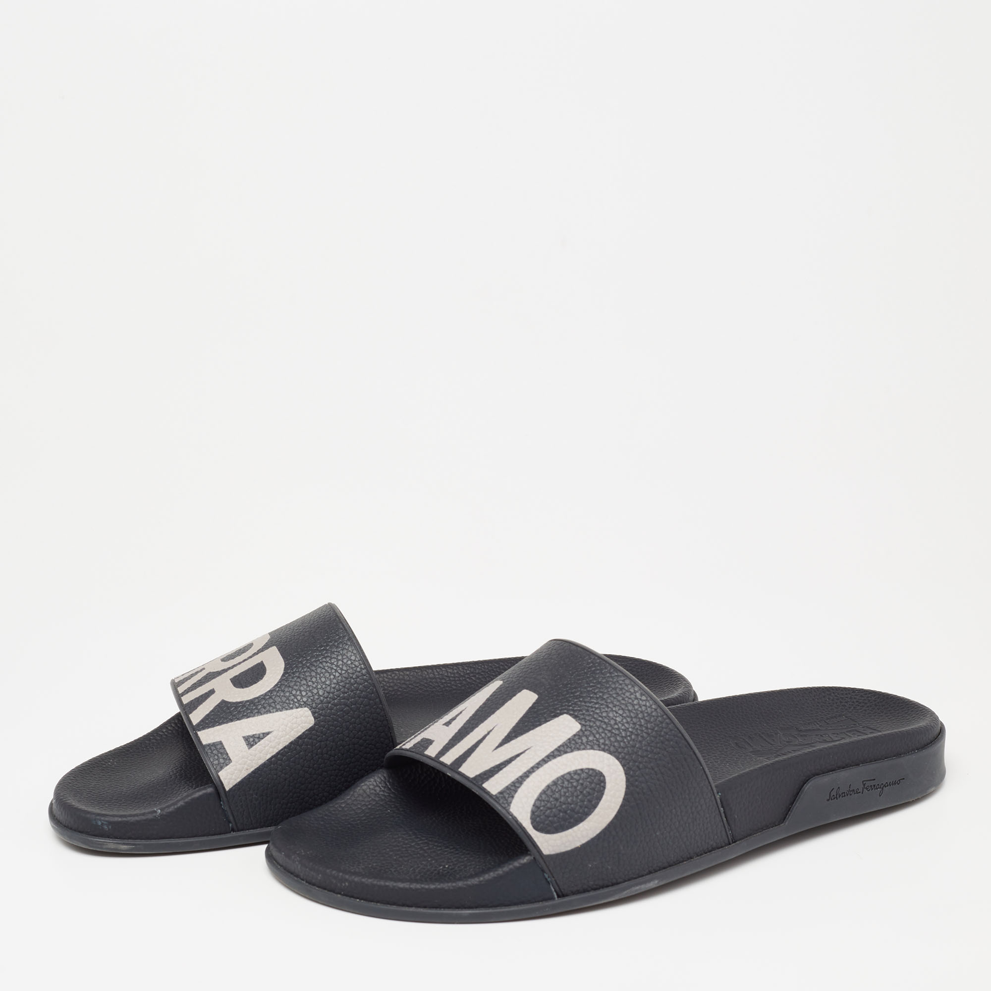 

Salvatore Ferragamo Dark Blue Rubber Amos Slides Size