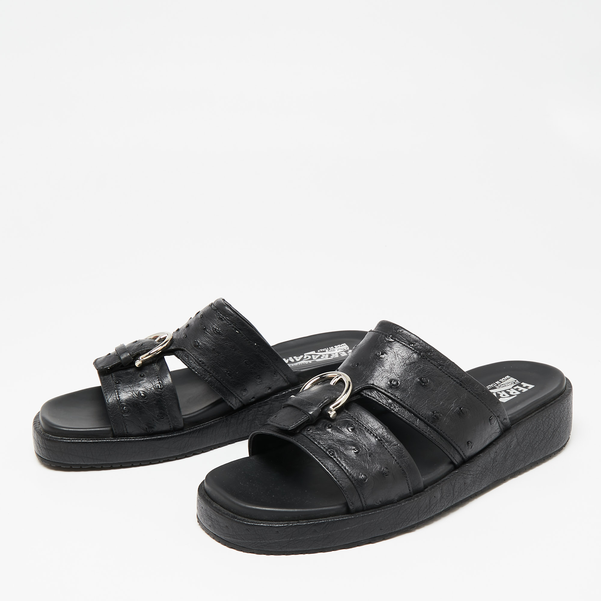 

Salvatore Ferragamo Black Ostrich Leather Lutfi Platform Slide Sandals Size
