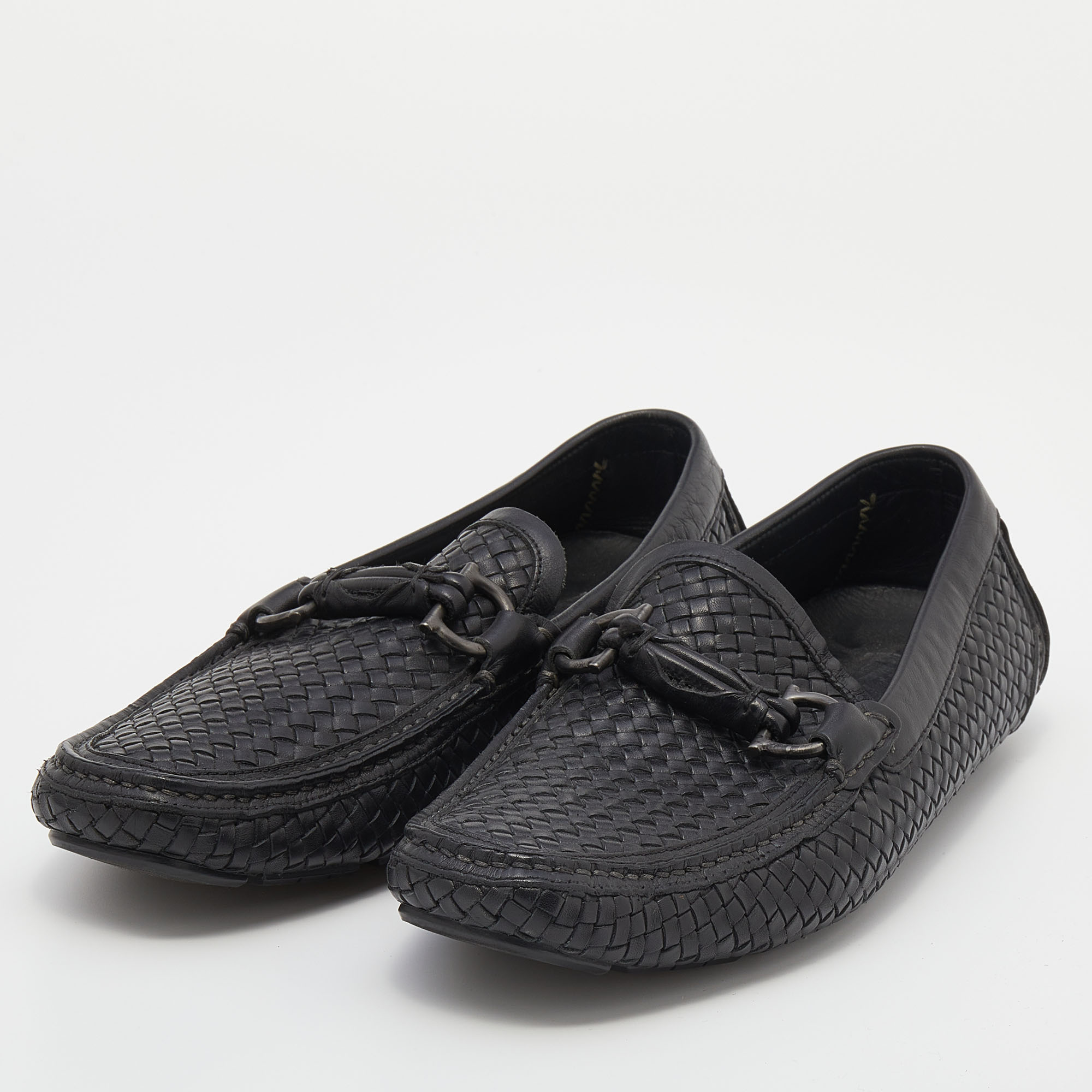 

Salvatore Ferragamo Black Woven Leather Parigi Gancini Slip On Loafers Size