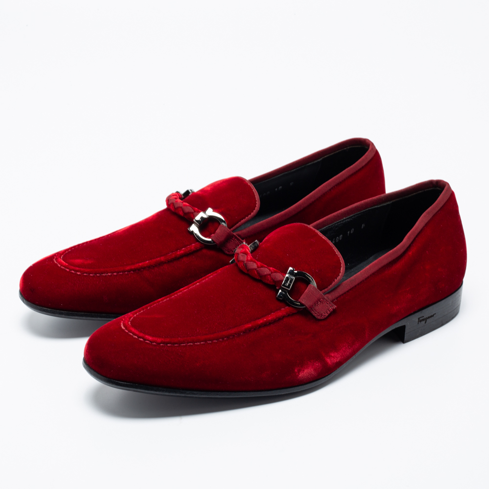 

Salvatore Ferragamo Dark Red Velvet Lord 2 Horsebit Loafers Size