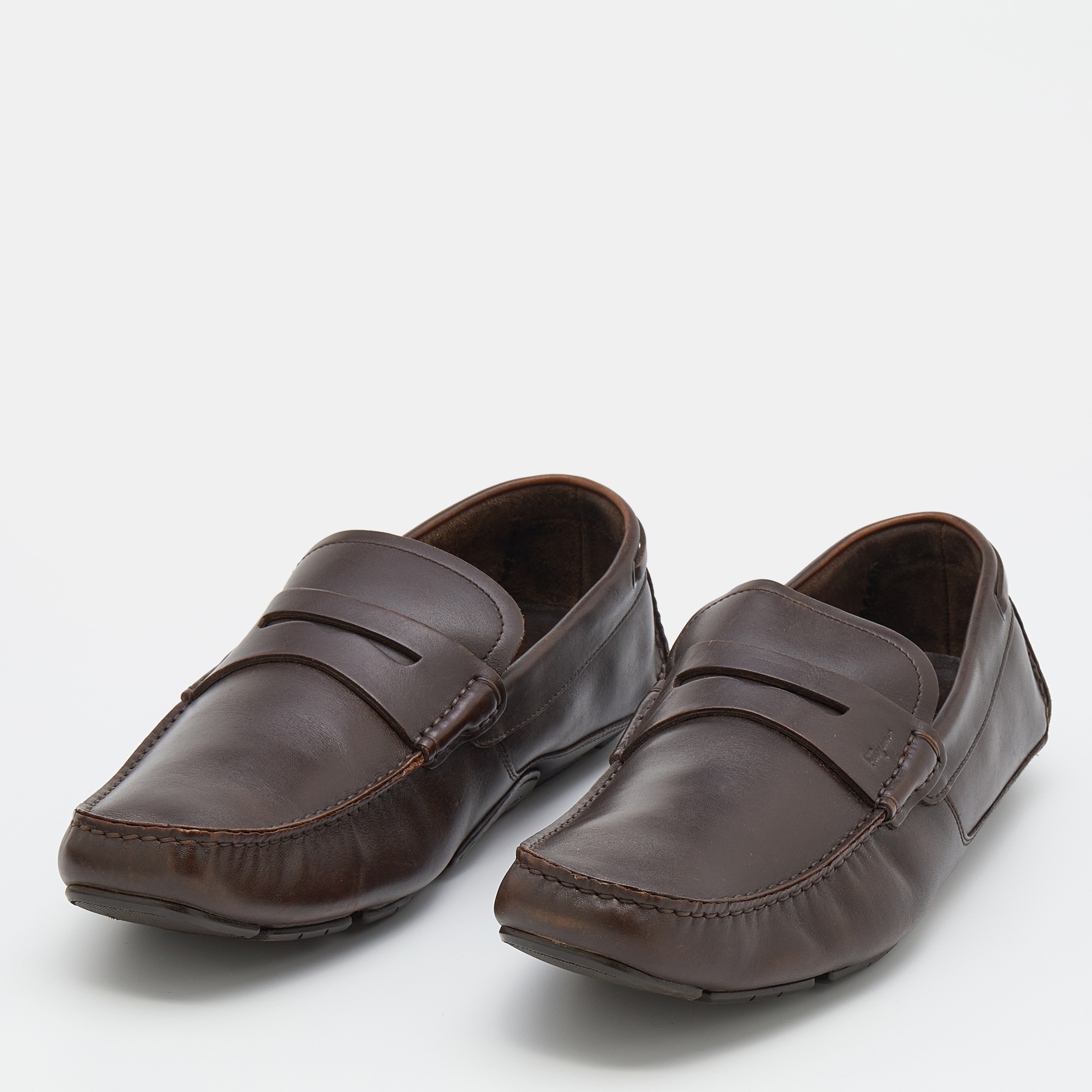 

Salvatore Ferragamo Dark Brown Leather Penny Slip On Loafers Size