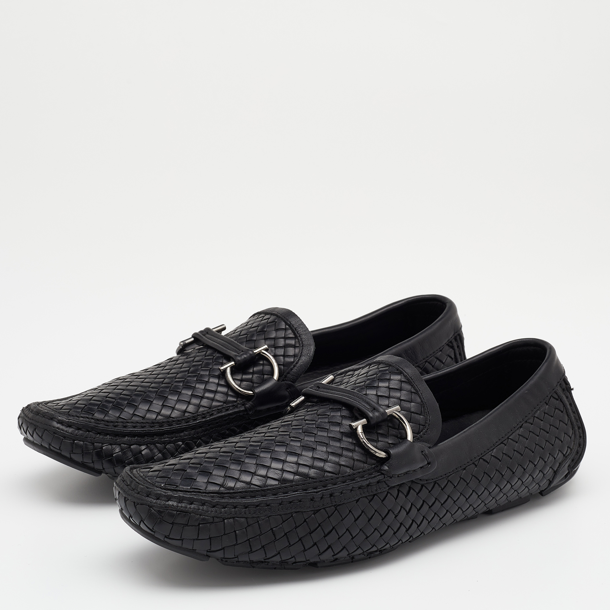 

Salvatore Ferragamo Black Woven Leather Parigi Gancio Bit Loafers Size