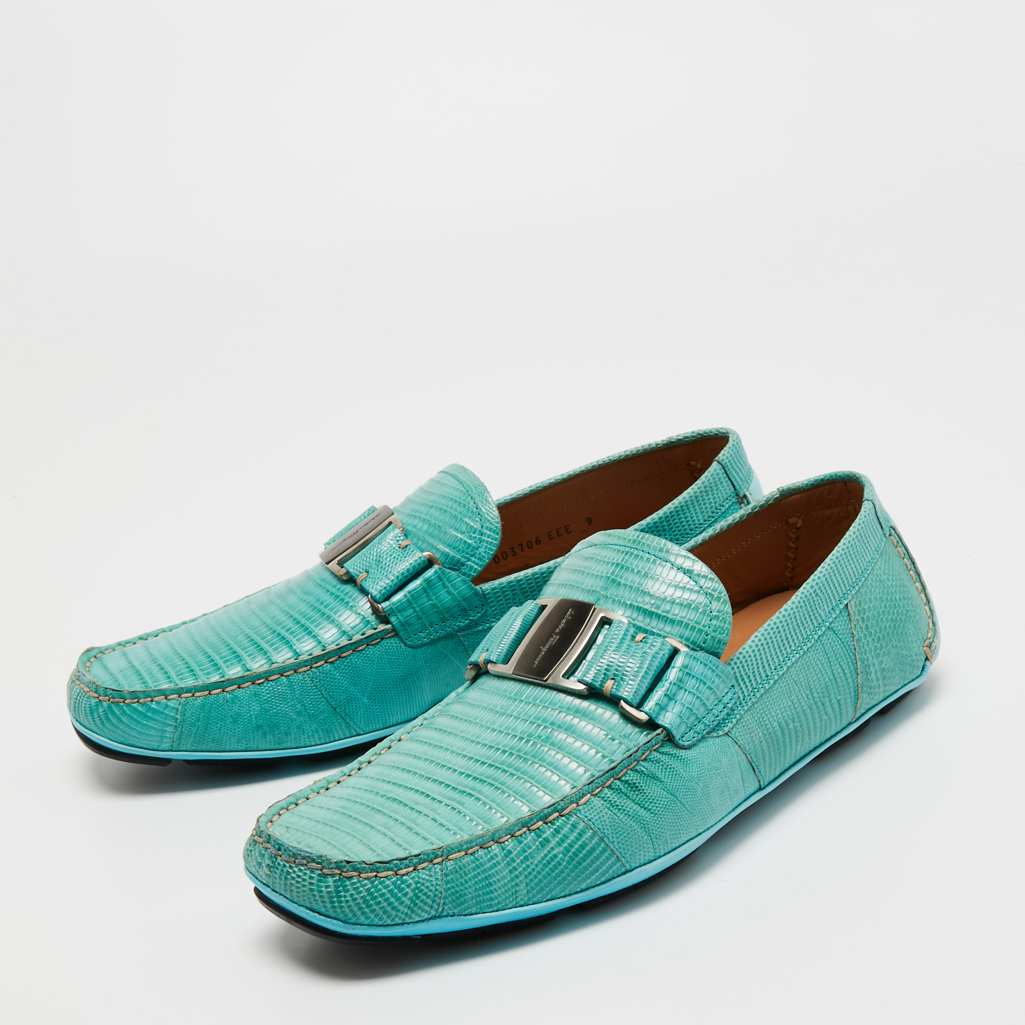 

Salvatore Ferragamo Turquoise Blue Lizard Leather Sardegna Loafers Size