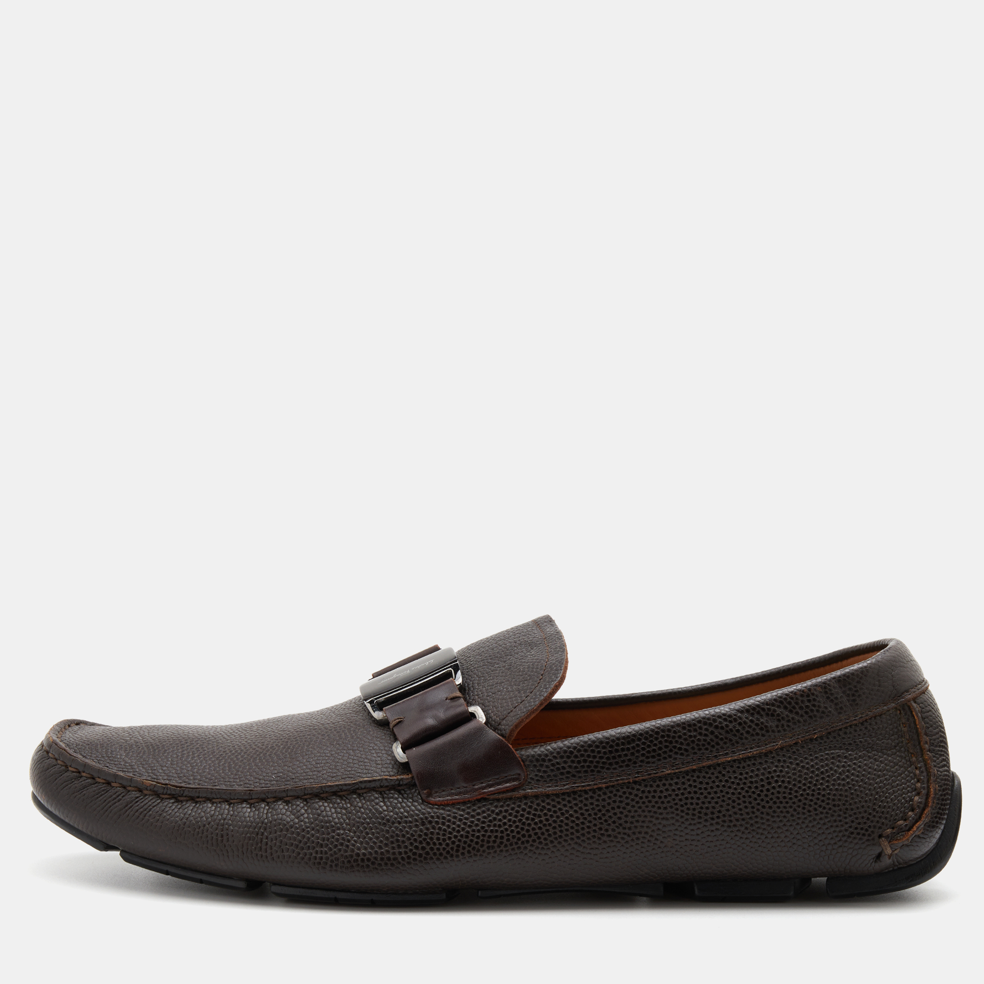 Pre-owned Salvatore Ferragamo Dark Brown Leather Sardgena Slip On Loafers Size 44