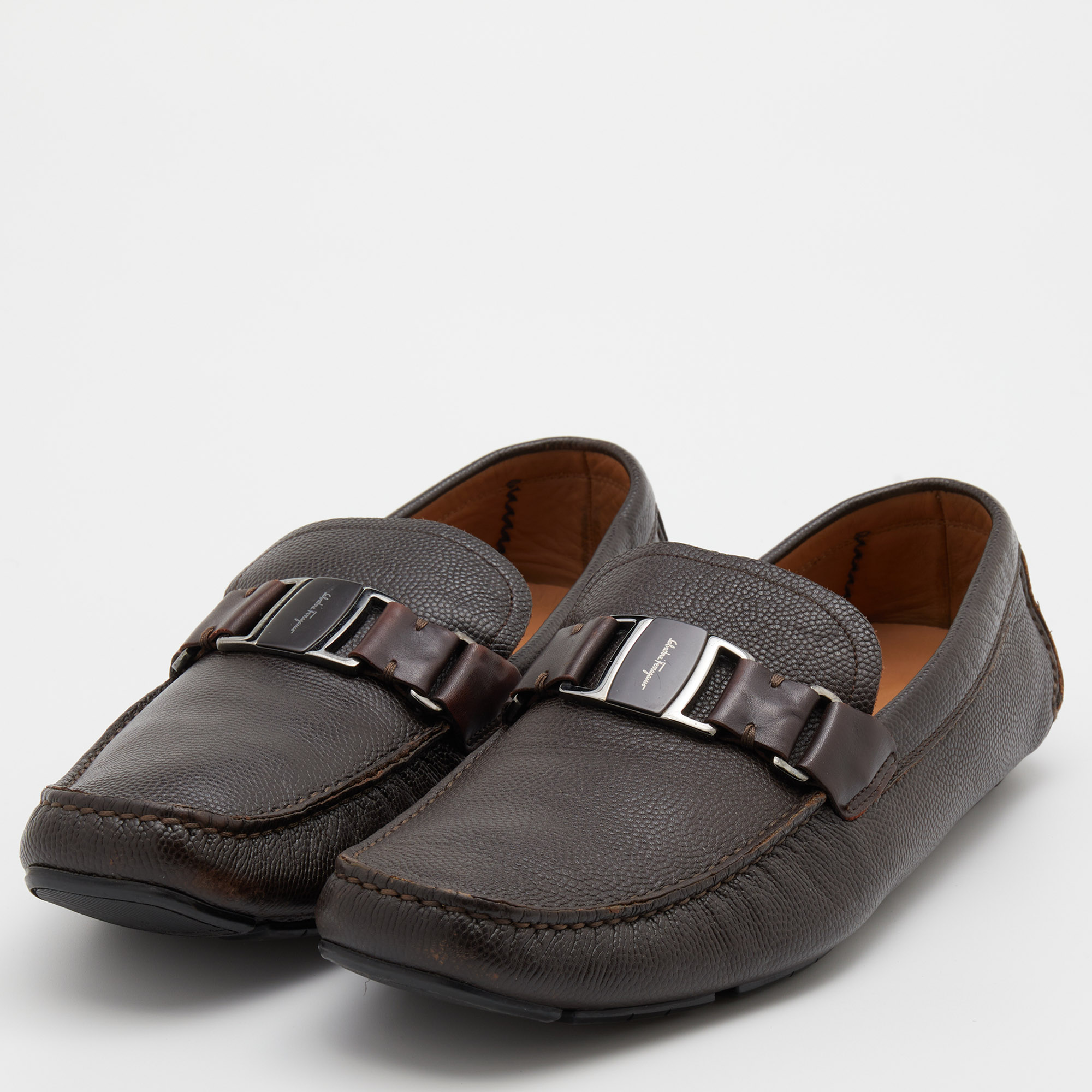 

Salvatore Ferragamo Dark Brown Leather Sardgena Slip On Loafers Size