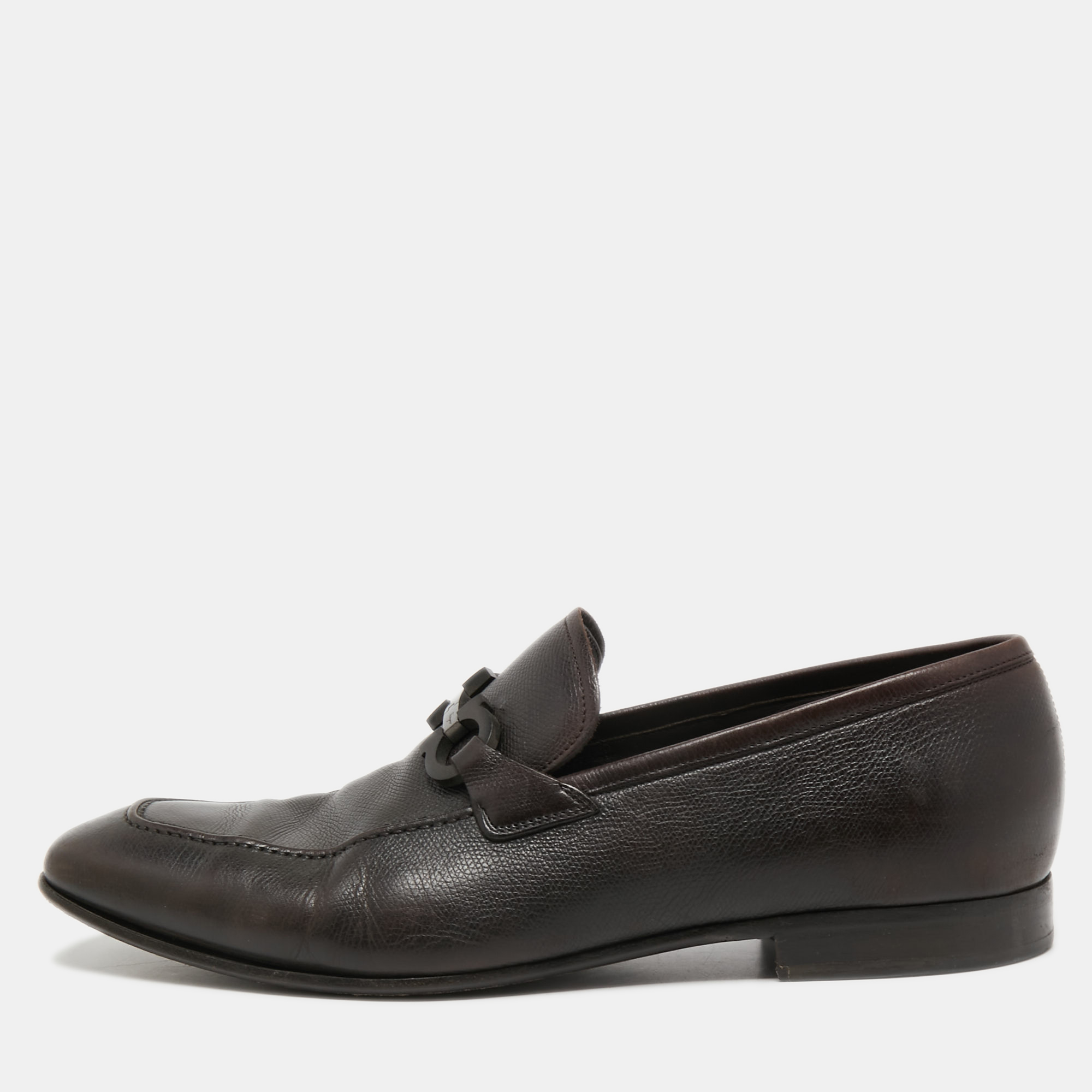 Pre-owned Ferragamo Dark Brown Leather Gancini Bit Loafers Size 44.5