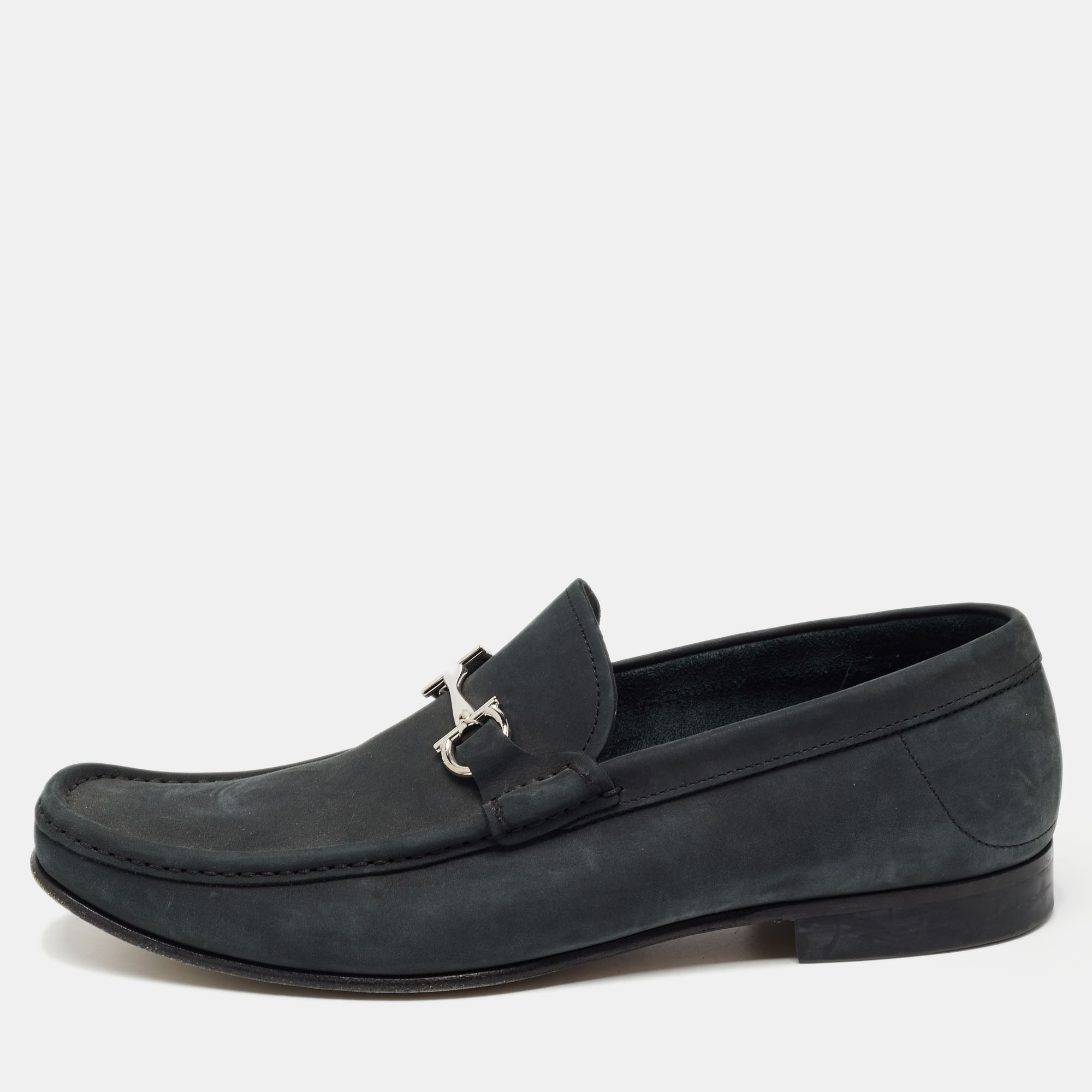 Pre-owned Ferragamo Dark Grey Nubuck Leather Gancini Loafers Size 44.5