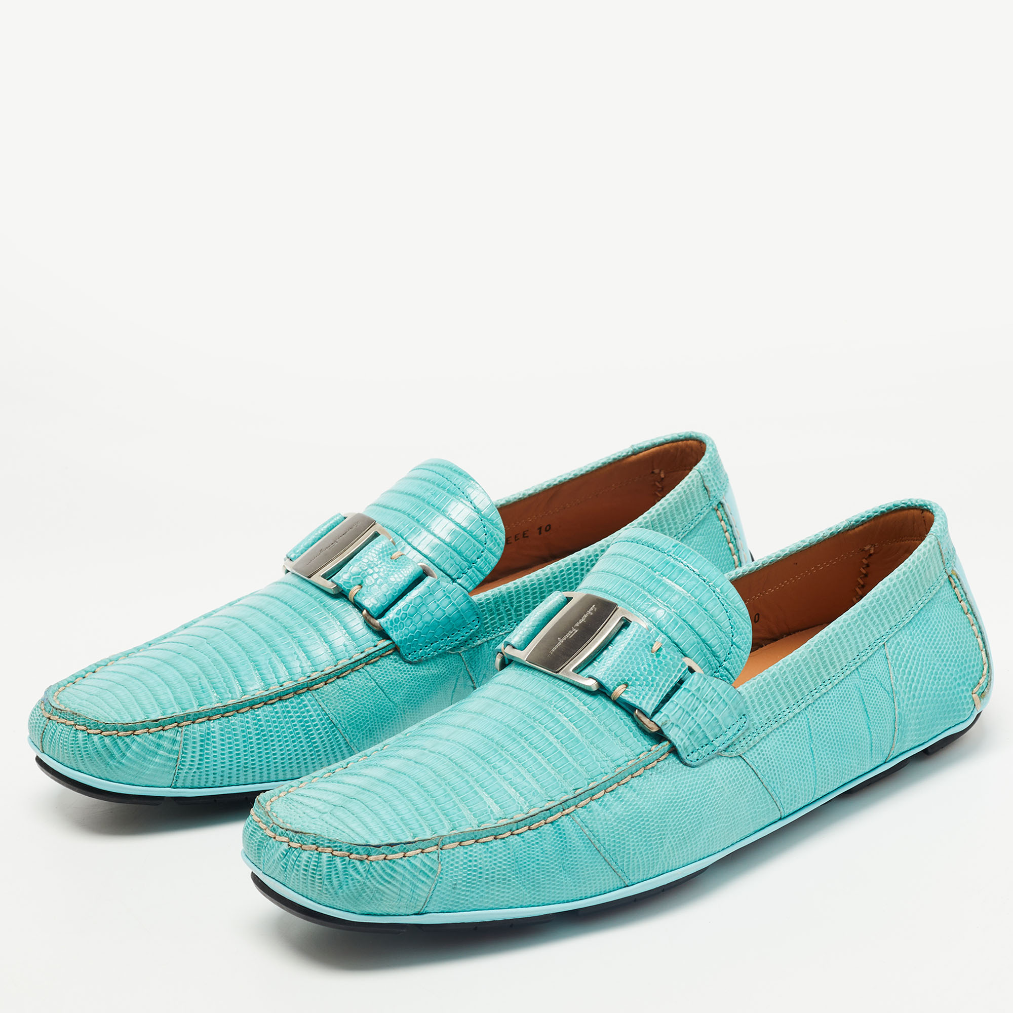 

Salvatore Ferragamo Turquoise Lizard Leather Sardegna Slip On Loafers Size, Blue