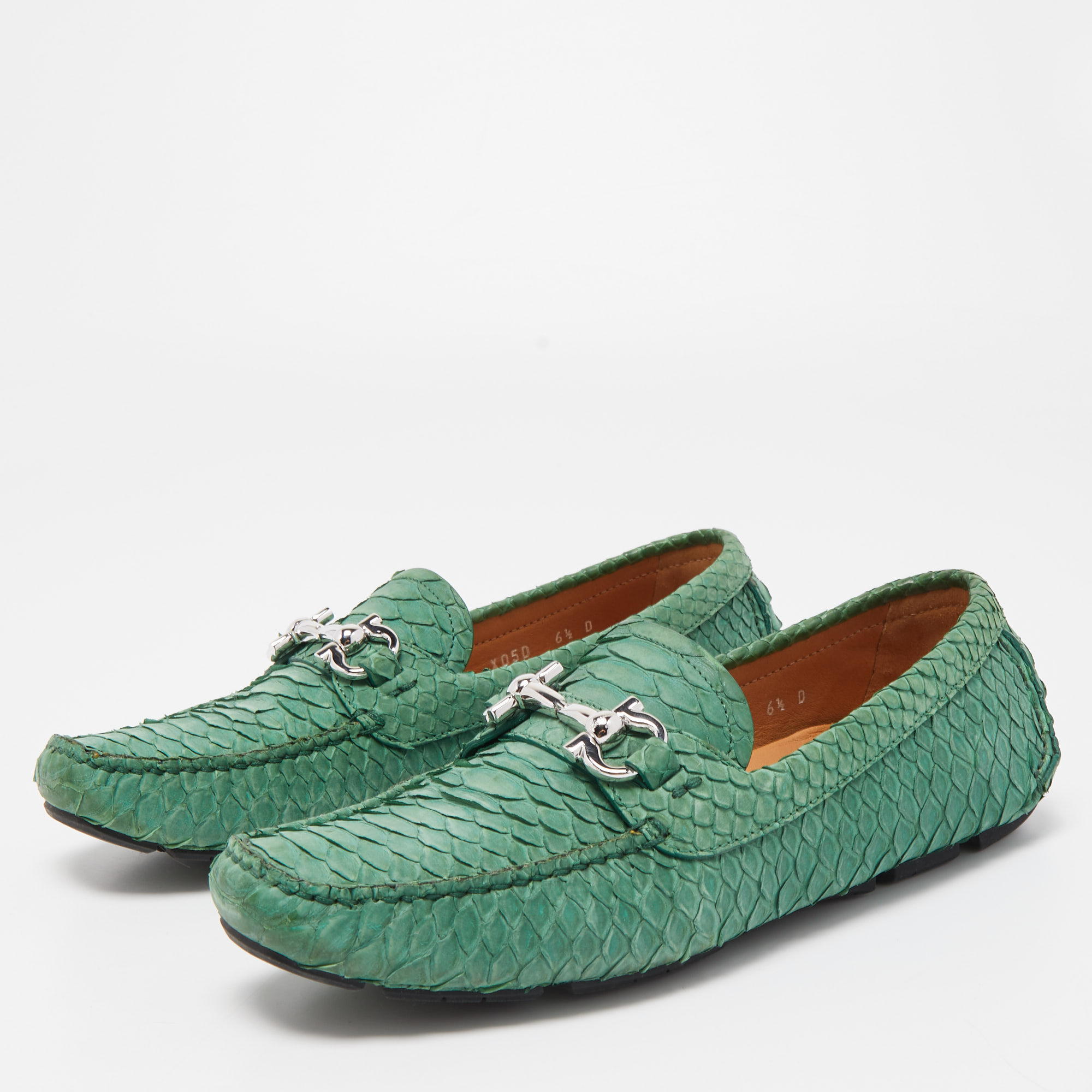 

Salvatore Ferragamo Green Python Leather Mason Horsebit Slip On Loafers Size