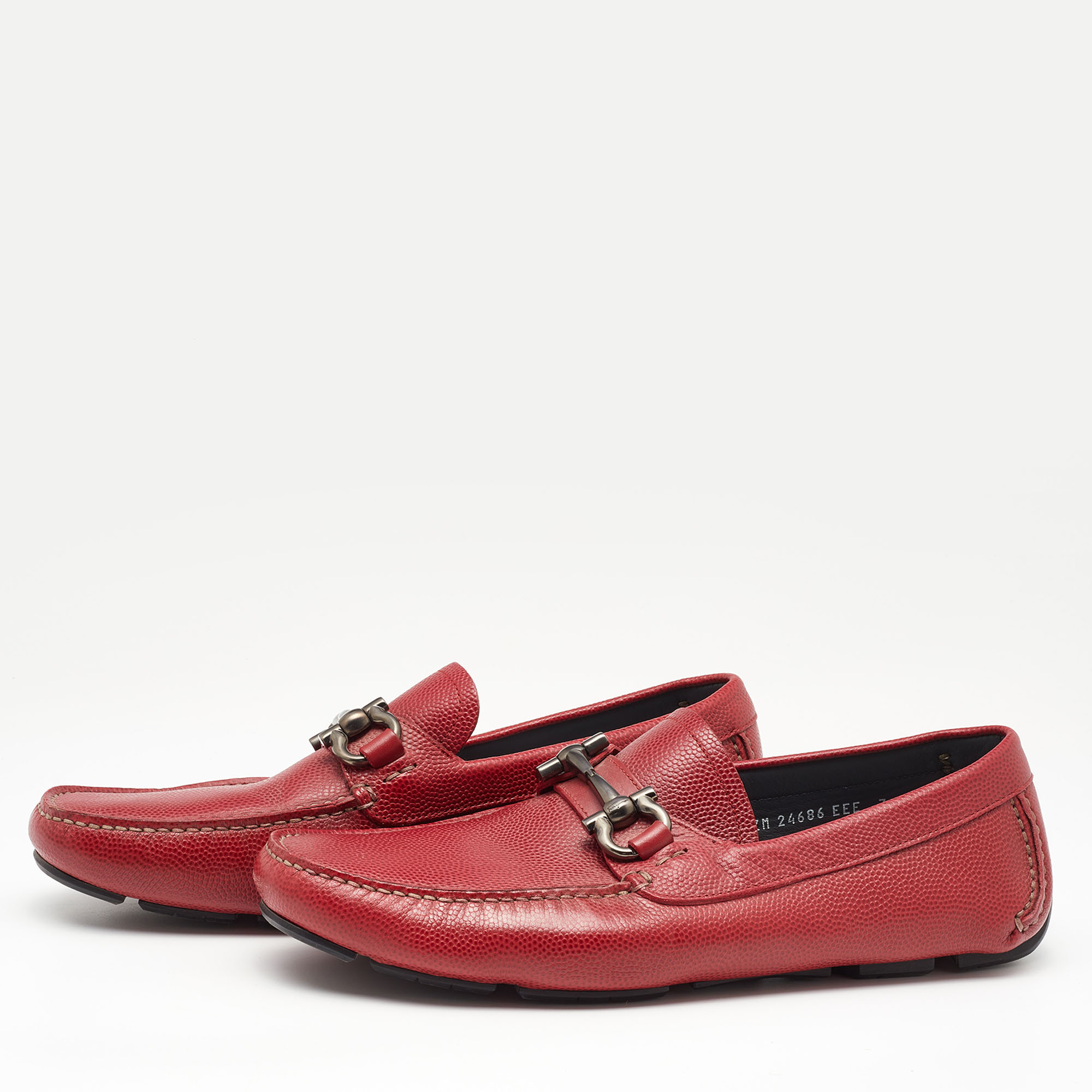 

Salvatore Ferragamo Red Textured Leather Gancini Loafers Size