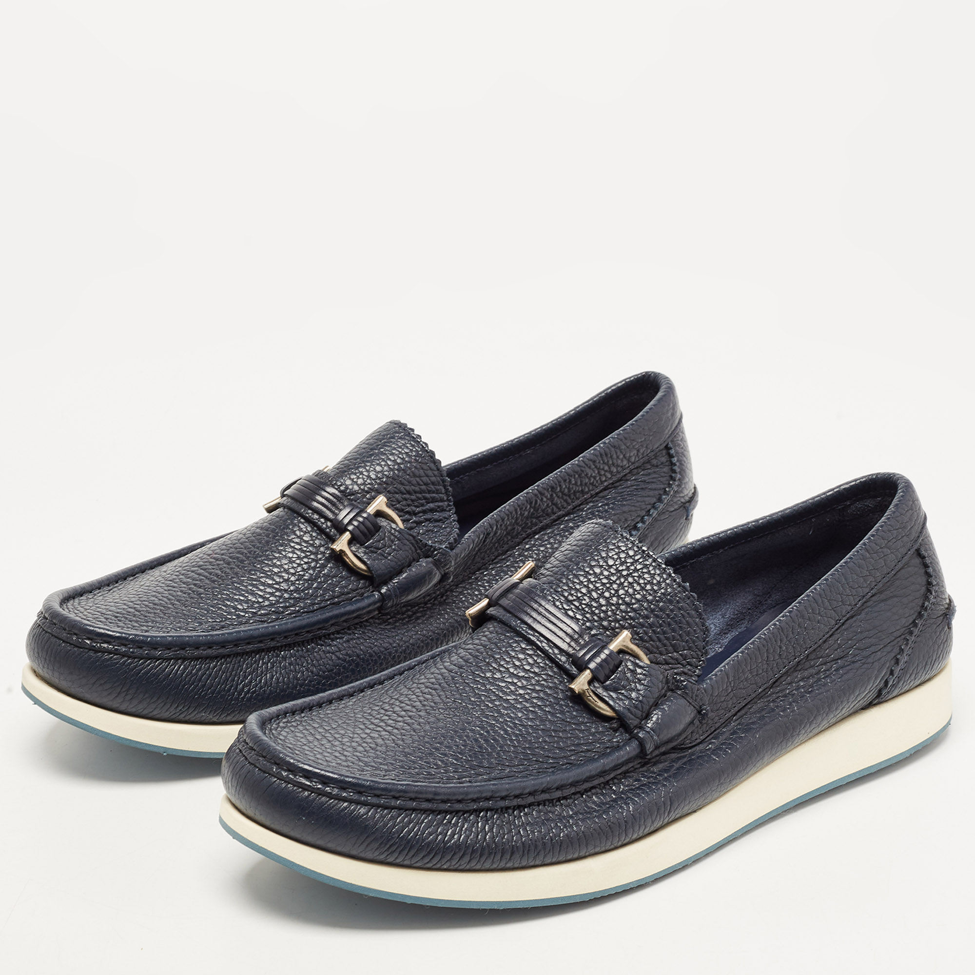 

Salvatore Ferragamo Navy Blue Leather Rieti Gancini Loafers Size