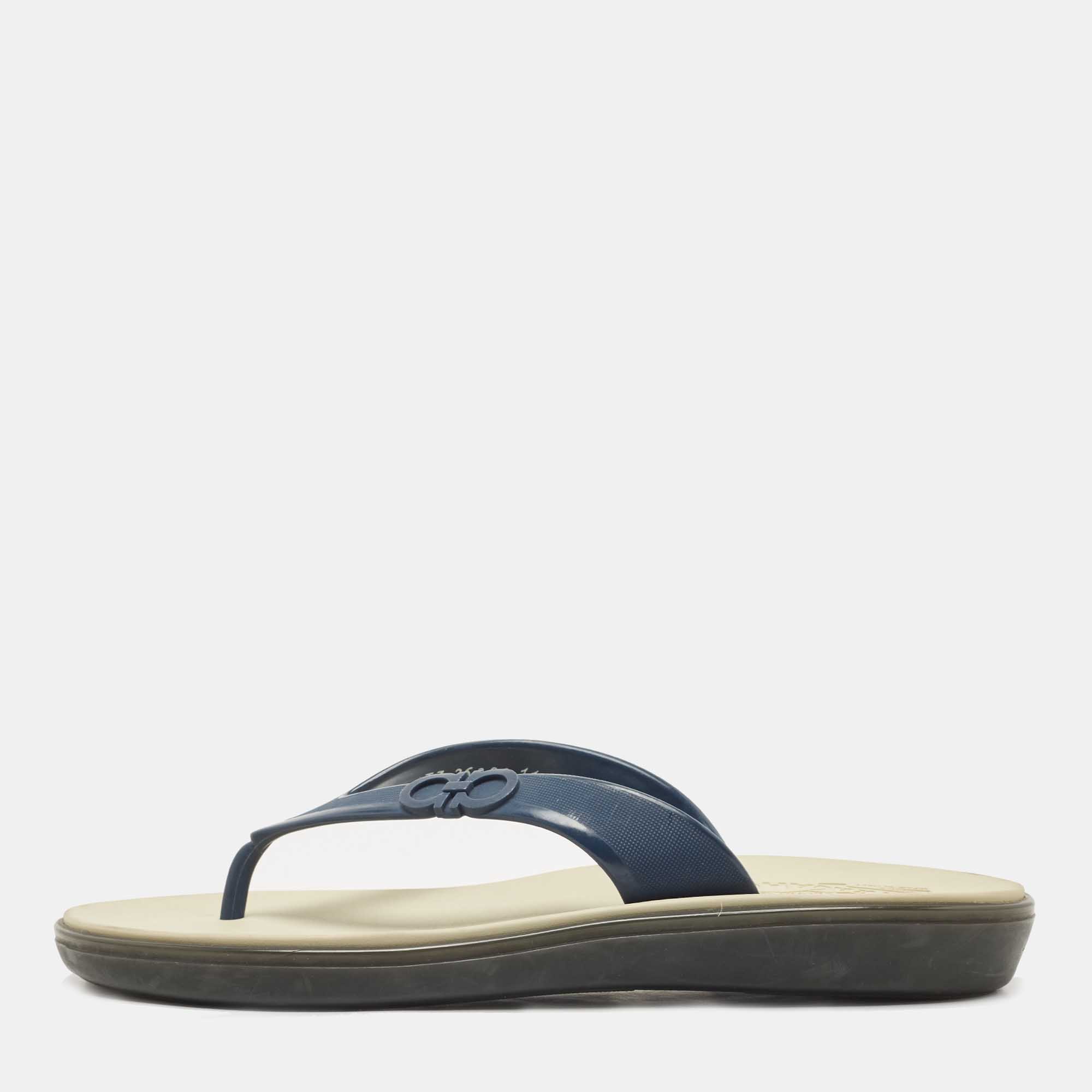 

Salvatore Ferragamo Navy Blue Rubber Gancino Flip-flop Thong Sandals Size 45