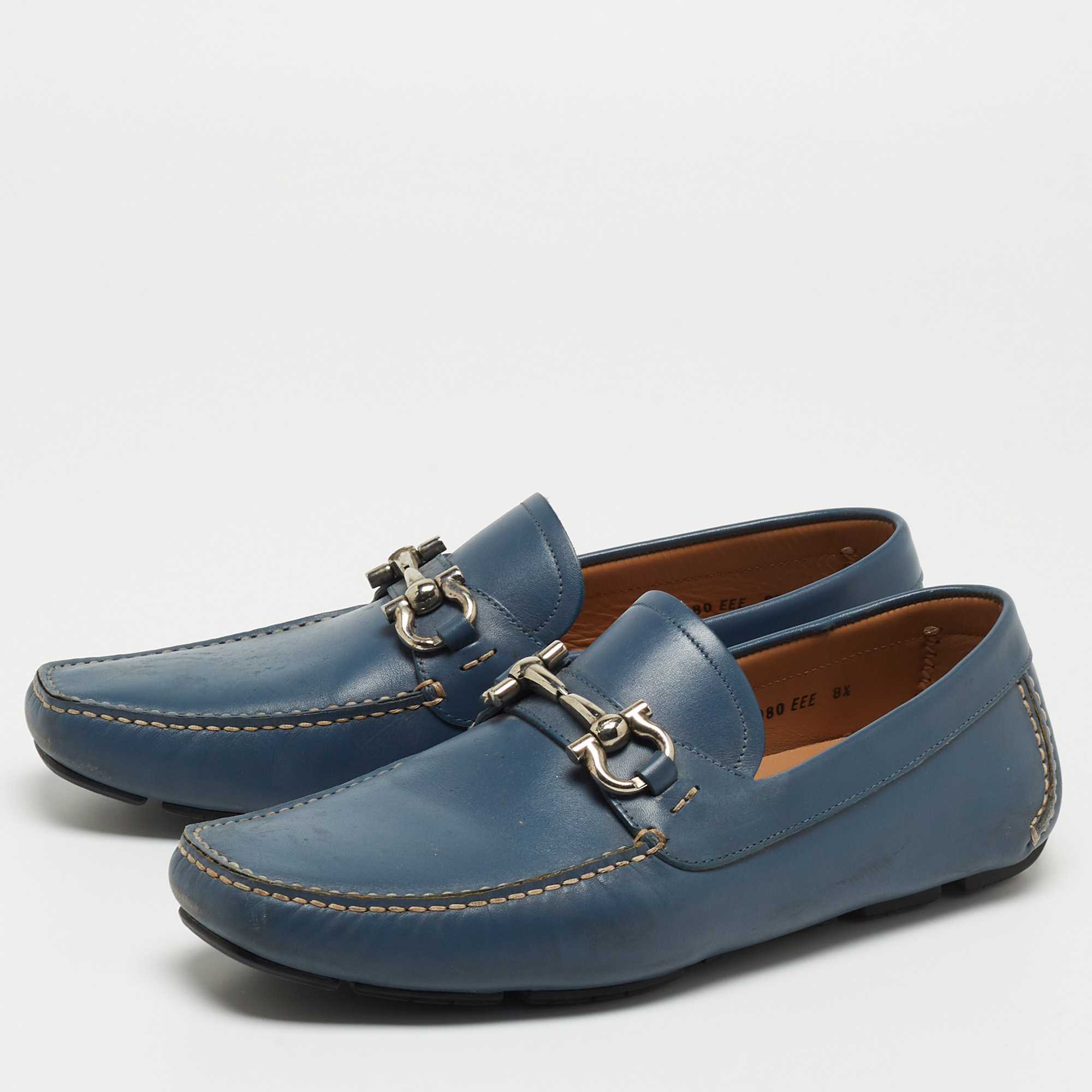 

Salvatore Ferragamo Blue Leather Parigi Gancini Loafers Size