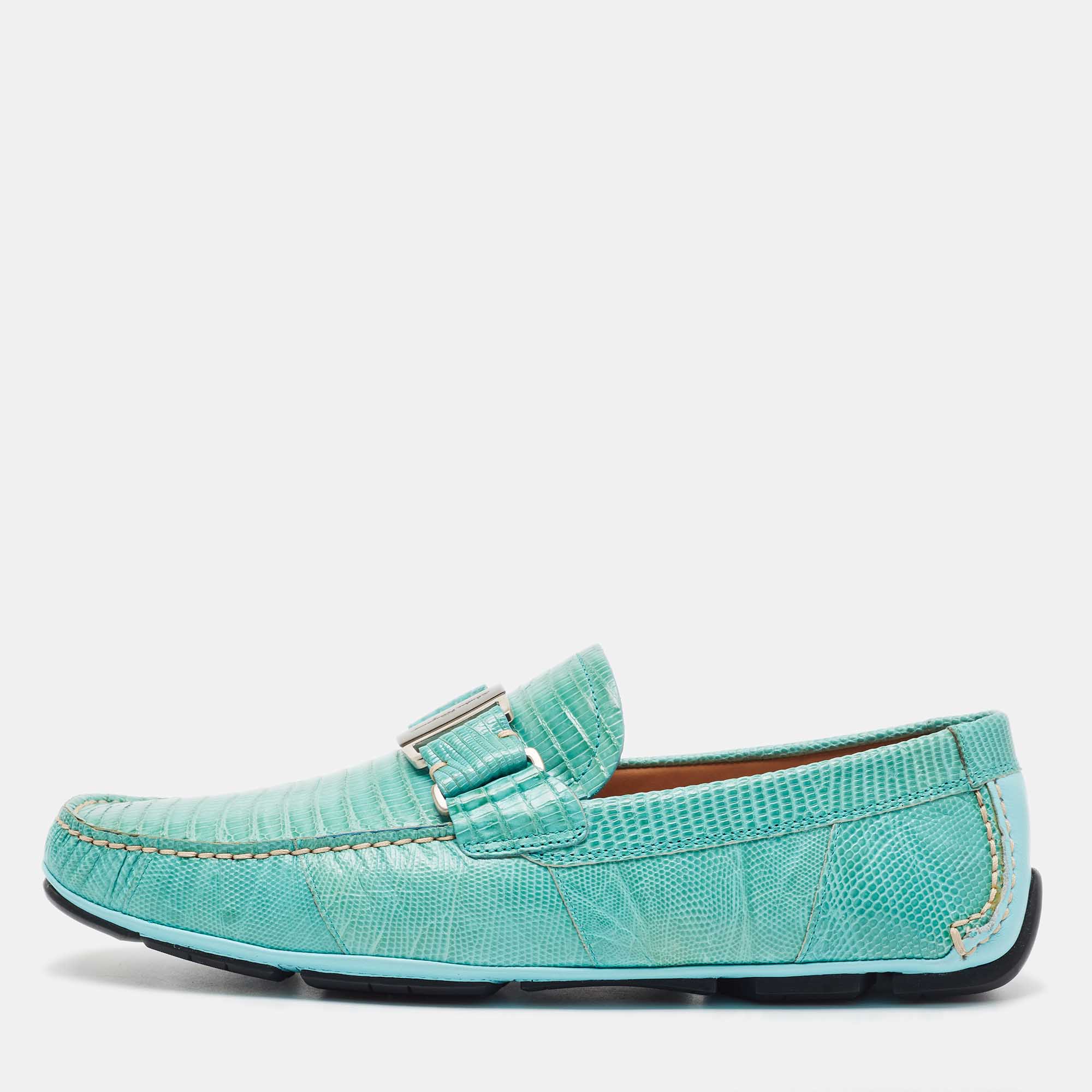 Pre-owned Ferragamo Aqua Green Lizard Sardegna Slip On Loafers Size 41