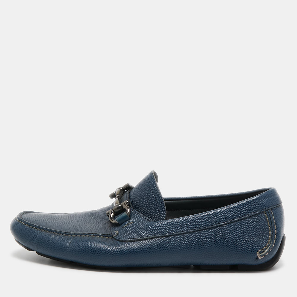 Pre-owned Ferragamo Navy Blue Leather Parigi Gancini Loafers Size 42.5